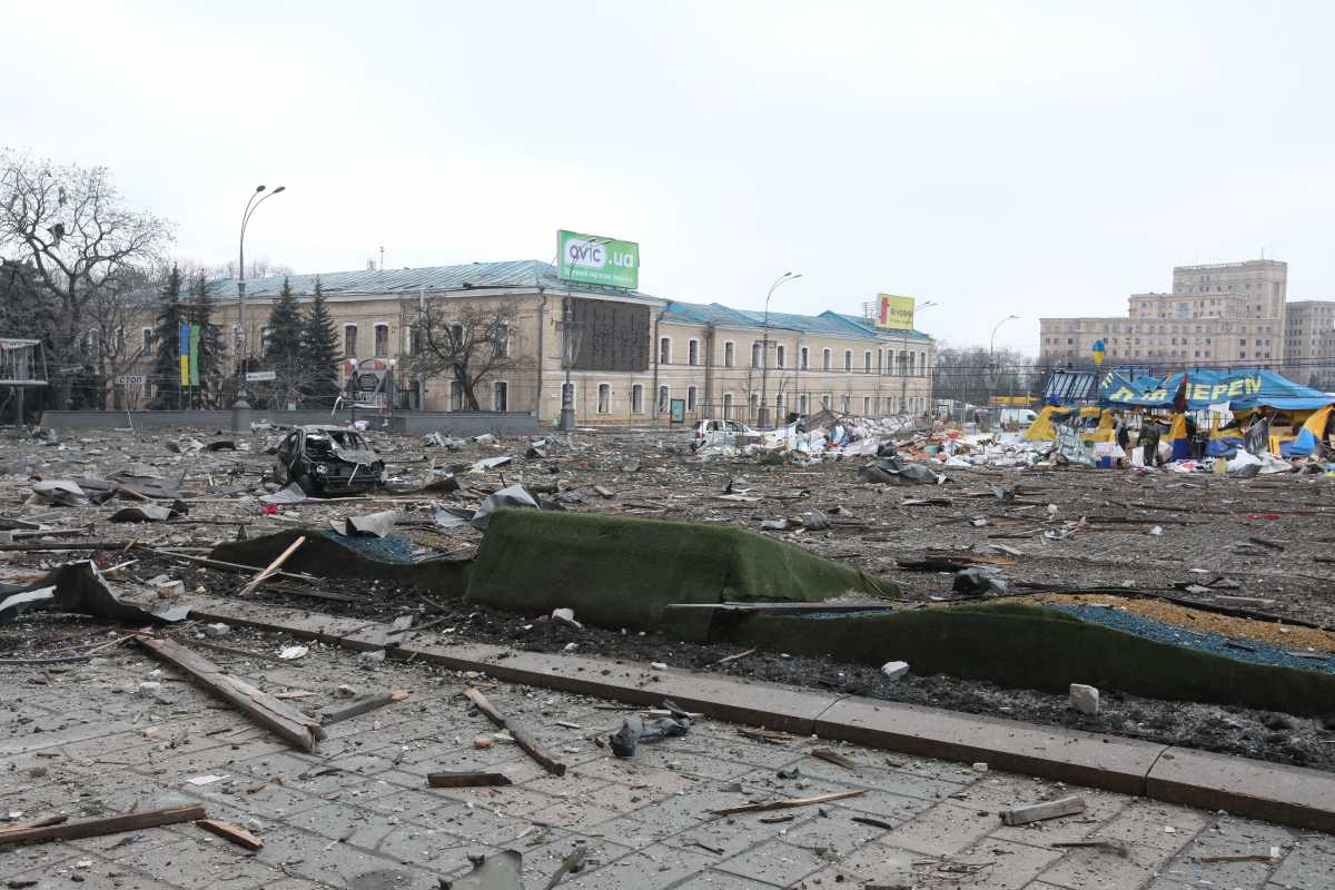 A view shows the area near the regional administration building, which city officials said was hit by a missile attack, in central Kharkiv, Ukraine, March 1, 2022. REUTERS