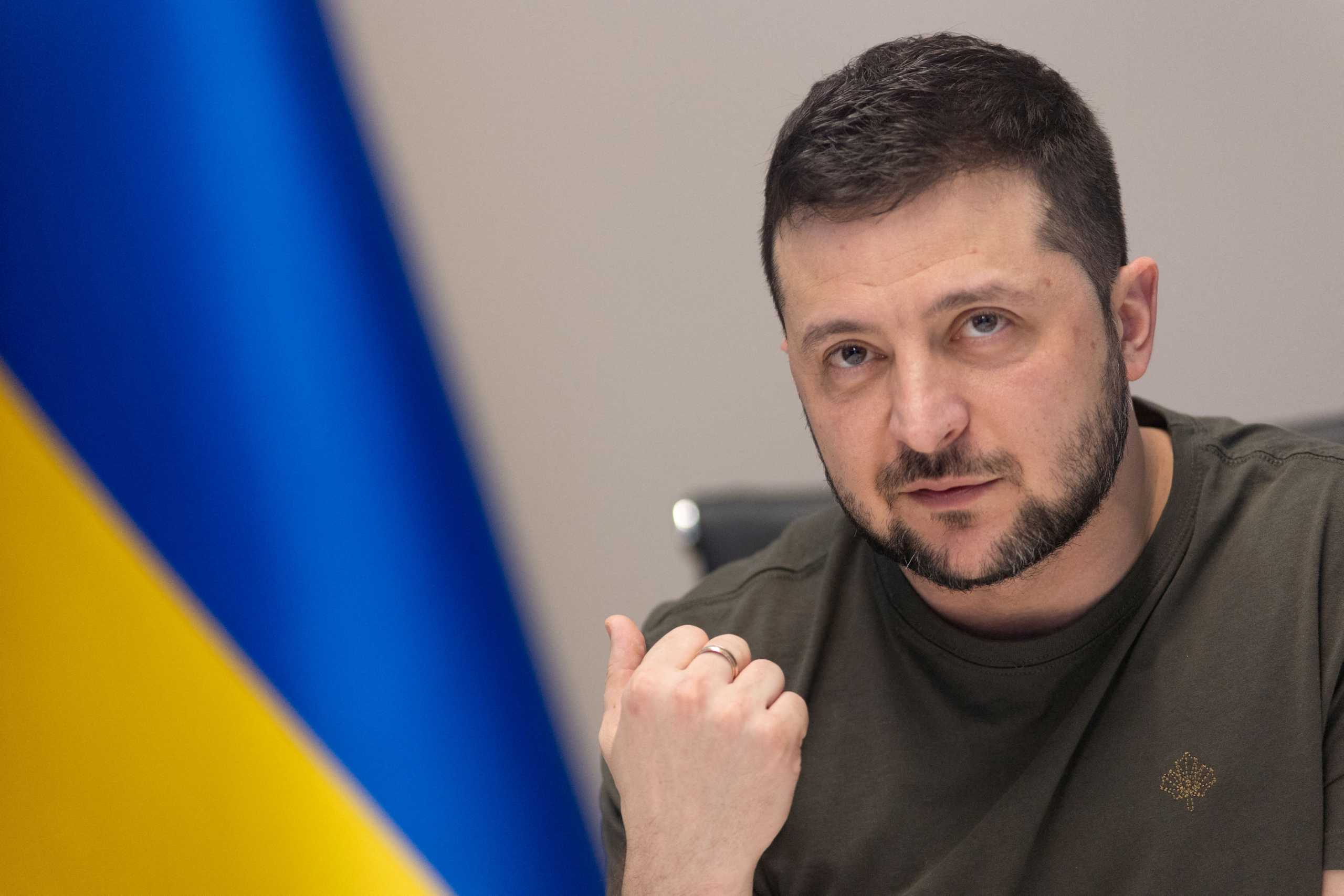 FILE PHOTO: Ukraine's President Volodymyr Zelenskiy attends an interview with some of the Russian media via videolink, as Russia’s attack on Ukraine continues, in Kyiv, Ukraine March 27, 2022. Ukrainian Presidential Press Service
