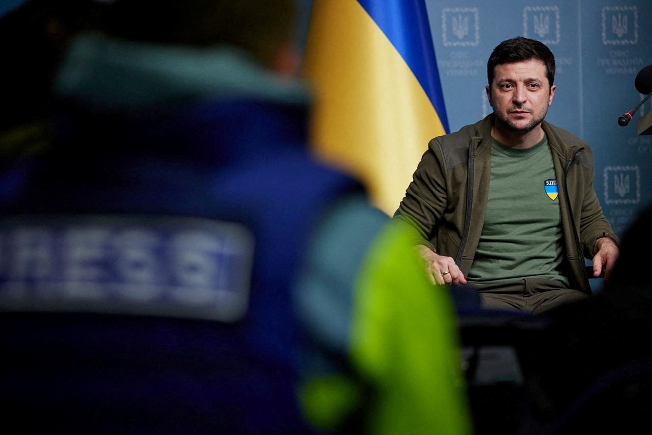 Ukrainian President Volodymyr Zelenskiy attends an interview with foreign media in Kyiv, Ukraine, March 3, 2022. Ukrainian Presidential Press Service