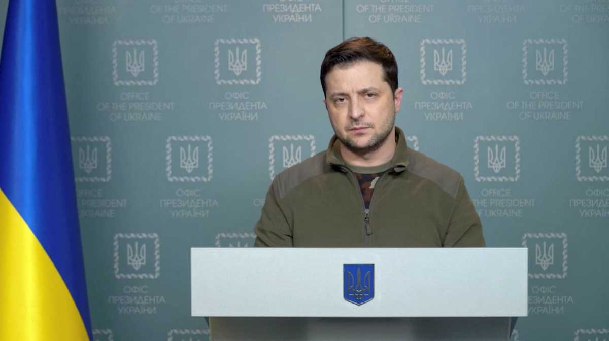 Ukrainian President Volodymyr Zelenskiy makes a statement in Kyiv, in Ukraine, February 28, 2022, in this still image taken from a handout video. Ukrainian Presidential Press Service