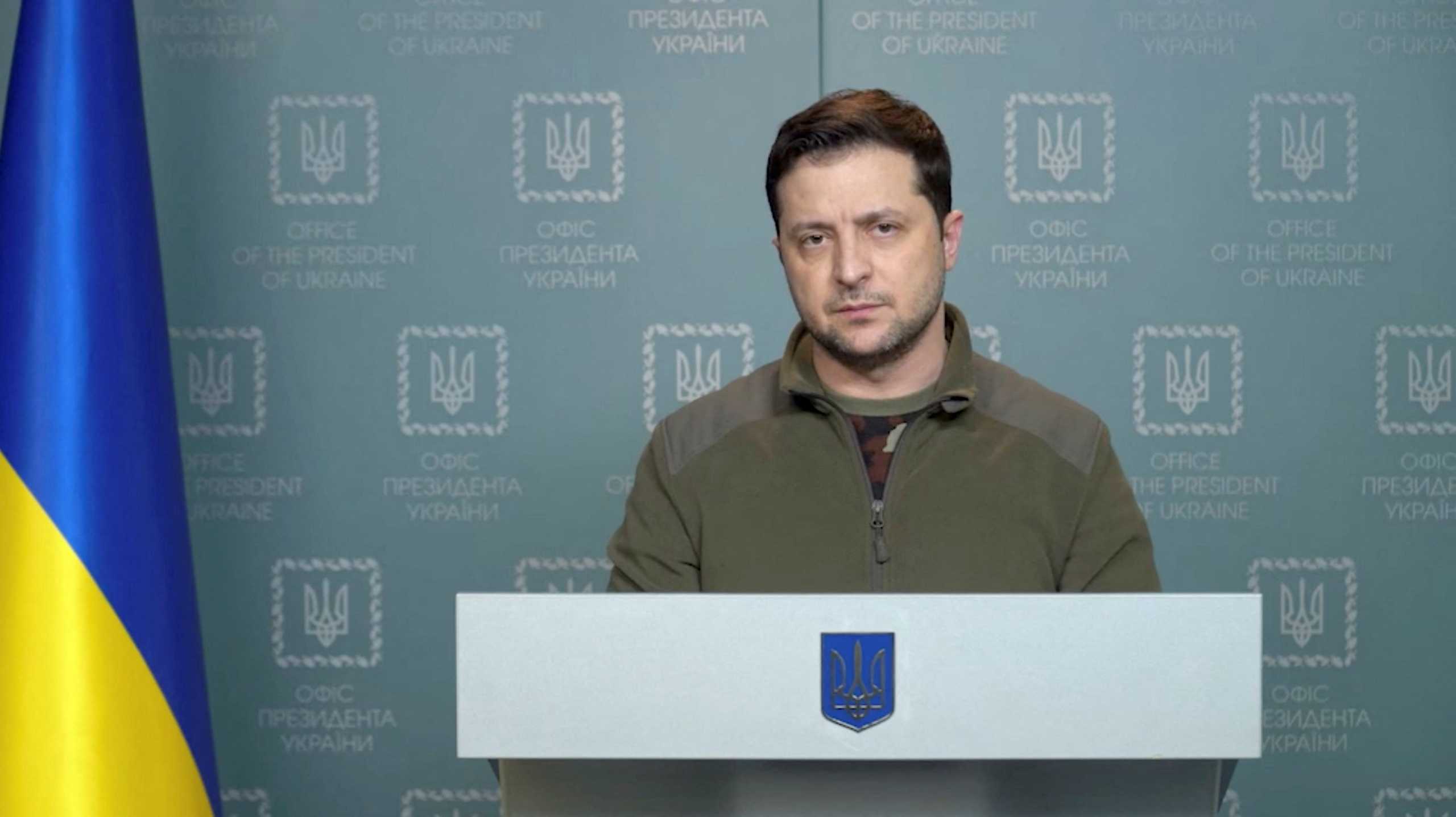 Ukrainian President Volodymyr Zelenskiy makes a statement in Kyiv, in Ukraine, February 28, 2022, in this still image taken from a handout video. Ukrainian Presidential Press Service