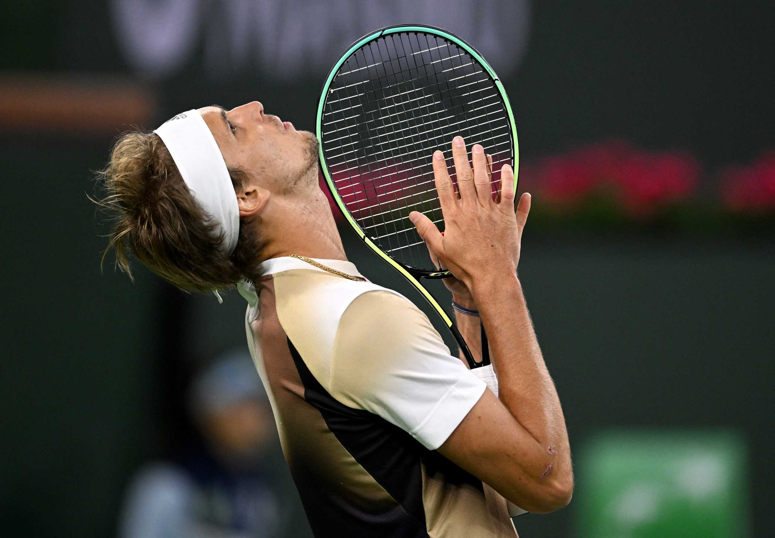Mar 13, 2022; Indian Wells, CA, USA;  Alexander Zverev (GER) reacts after missin a point in his second round match against Tommy Paul (USA) at the BNP Paribas Open at the Indian Wells Tennis Garden. Mandatory Credit: Jayne Kamin-Oncea-USA TODAY Sports