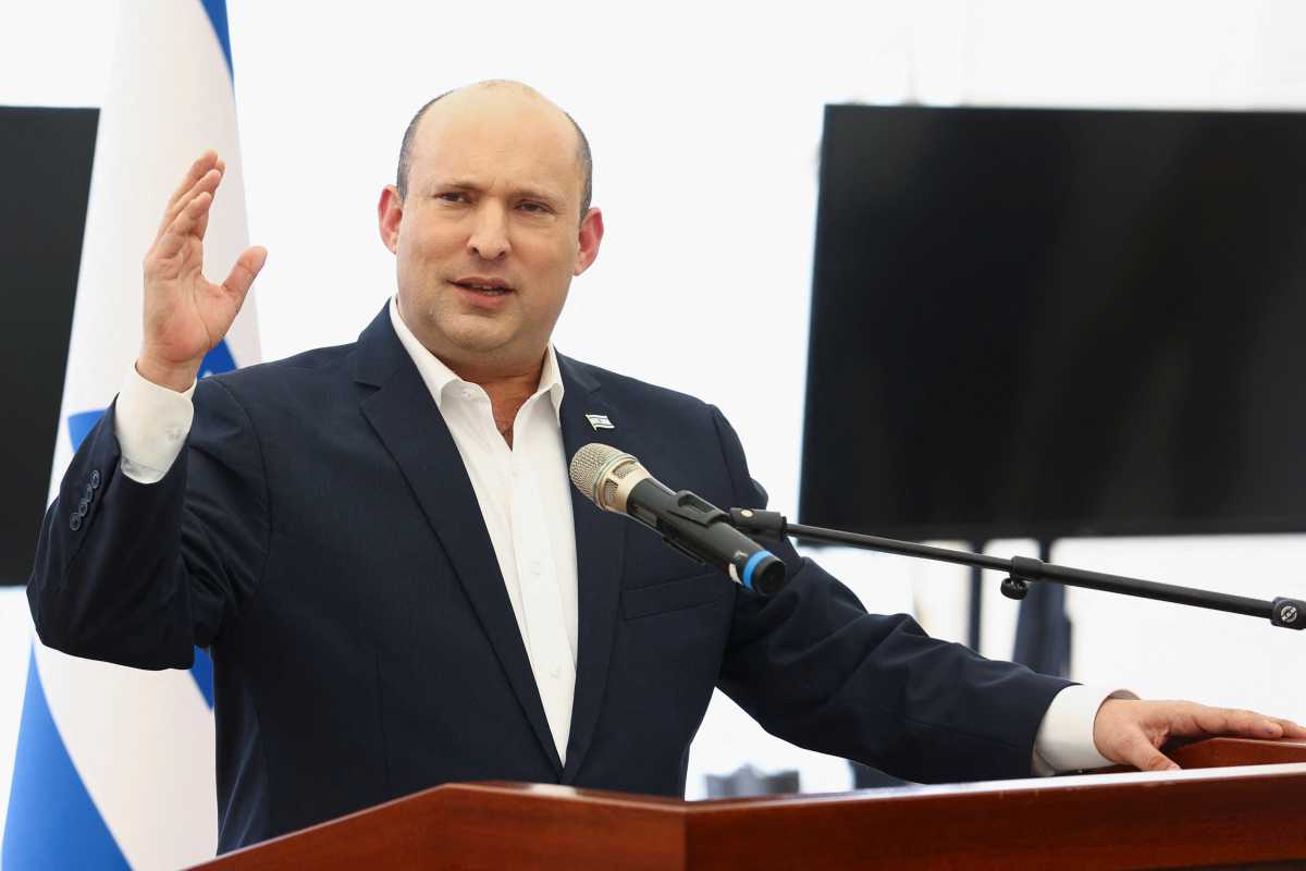 Israel's Prime Minister Naftali Bennett speaks as he visits an army base in the Jewish settlement of Beit El, near Ramallah, in the Israeli-occupied West Bank, April 5, 2022. REUTERS