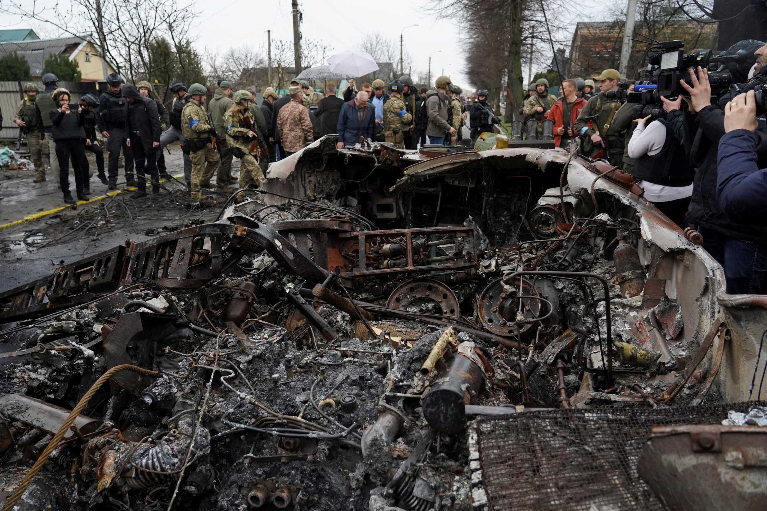 European Commission President Ursula von der Leyen, High Representative of the European Union for Foreign Affairs and Security Policy Josep Borrell and Ukraine's Prime Minister Denys Shmyhal visit the town of Bucha, as Russia's attack on Ukraine continues, outside of Kyiv, Ukraine April 8, 2022. REUTERS