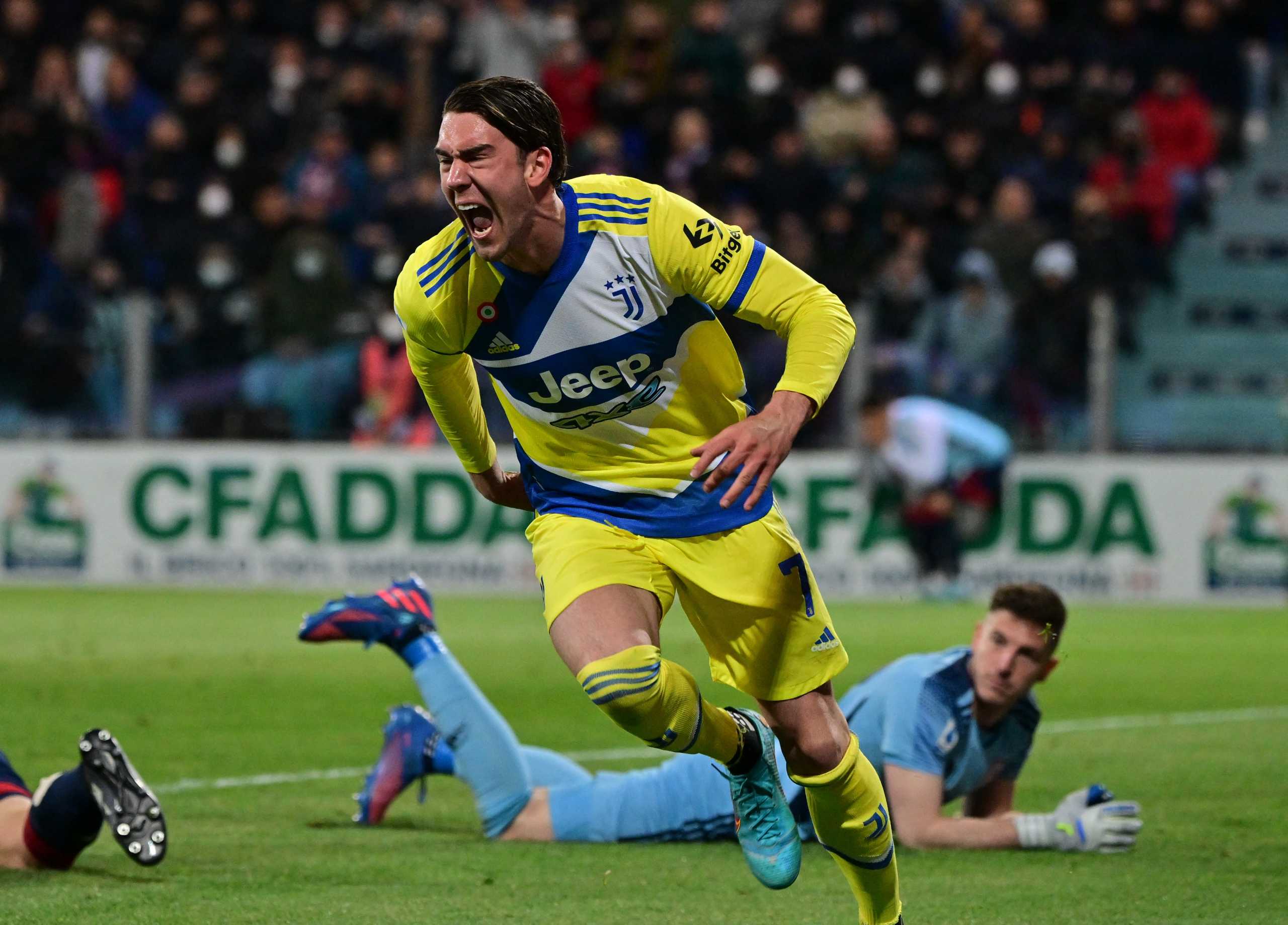 Soccer Football - Serie A - Cagliari v Juventus - Sardegna Arena, Cagliari, Italy - April 9, 2022  Juventus' Dusan Vlahovic celebrates scoring their second goal REUTERS