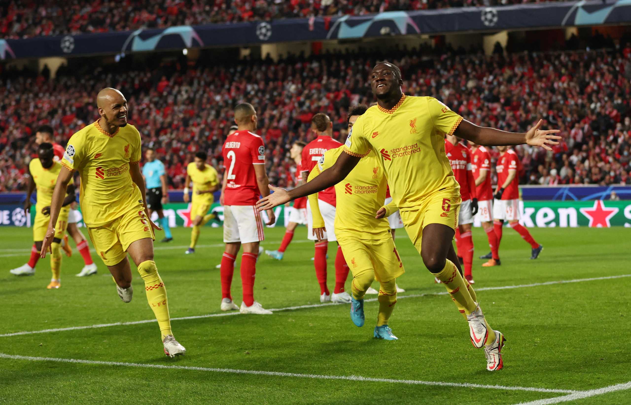 Soccer Football - Champions League - Quarter Final - First Leg - Benfica v Liverpool - Estadio da Luz, Lisbon, Portugal - April 5, 2022 Liverpool's Ibrahima Konate celebrates scoring their first goal Action Images via Reuters