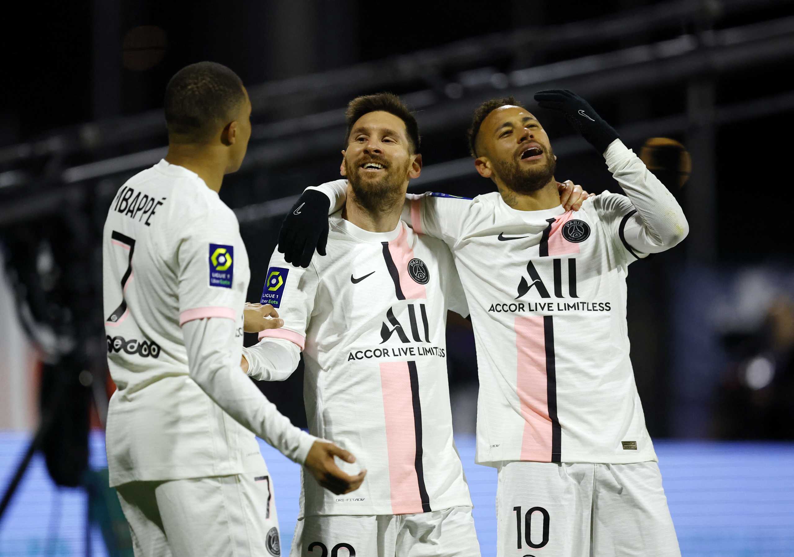 Soccer Football - Ligue 1 - Clermont v Paris St Germain - Stade Gabriel Montpied, Clermont-Ferrand, France - April 9, 2022 Paris St Germain's Kylian Mbappe, Lionel Messi and Neymar celebrate a goal which is later disallowed for offside REUTERS