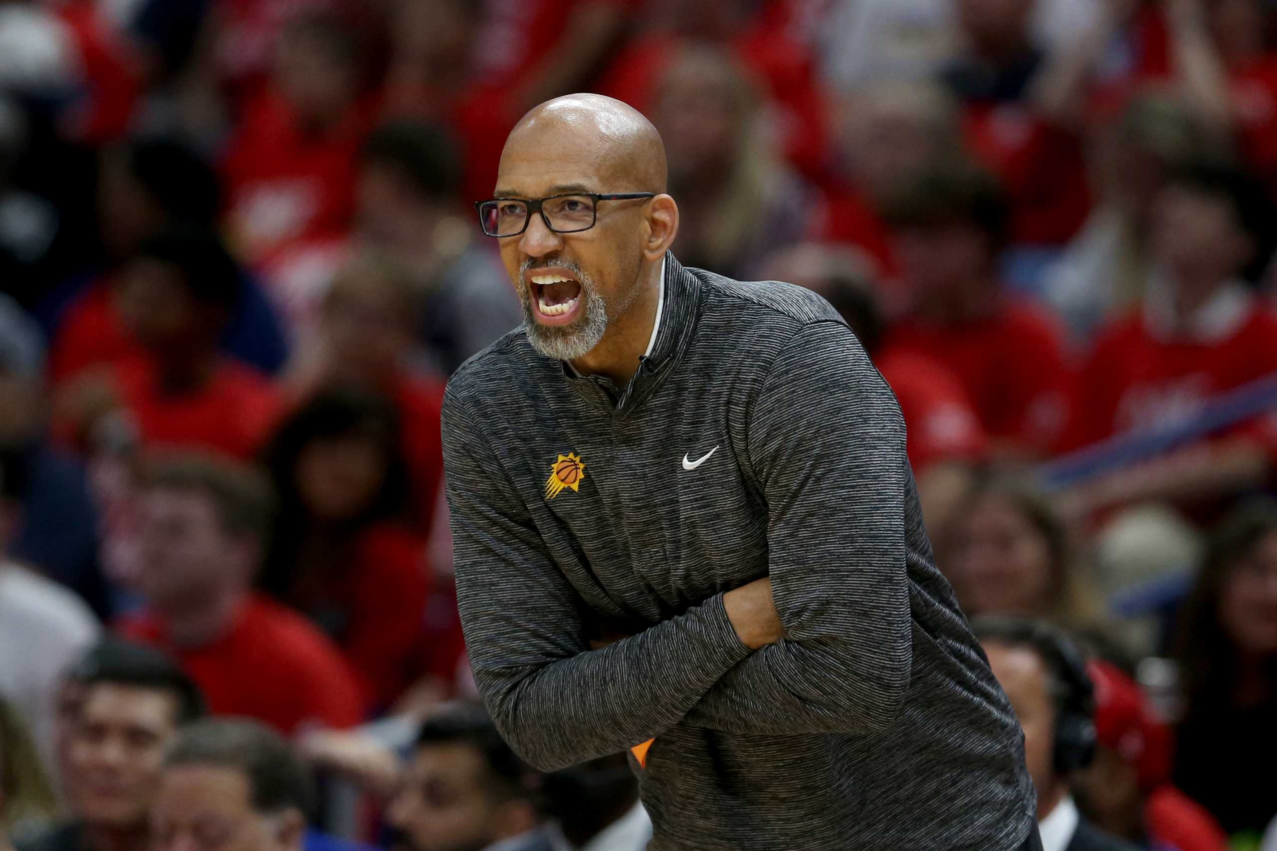 Apr 22, 2022; New Orleans, Louisiana, USA; Phoenix Suns head coach Monty Williams yells to his players in the first quarter of game three of the first round for the 2022 NBA playoffs at the Smoothie King Center against the New Orleans Pelicans. Mandatory Credit: Chuck Cook-USA TODAY Sports