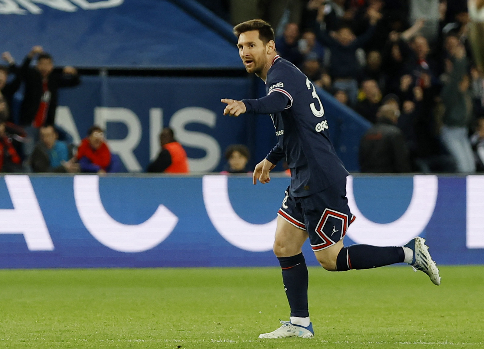 Soccer Football - Ligue 1 - Paris St Germain v RC Lens - Parc des Princes, Paris, France - April 23, 2022  Paris St Germain's Lionel Messi celebrates scoring their first goal REUTERS