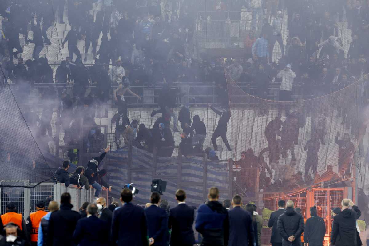 Soccer Football - Europa Conference League - Quarter Final - First Leg - Olympique Marseille v PAOK - Orange Velodrome, Marseille, France - April 7, 2022 General view as fans clash inside the stadium before the match REUTERS