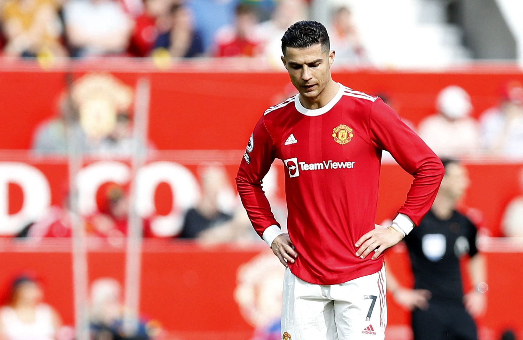 Soccer Football - Premier League - Manchester United v Norwich City - Old Trafford, Manchester, Britain - April 16, 2022 Manchester United's Cristiano Ronaldo looks dejected after Norwich City's Teemu Pukki scores their second goal REUTERS