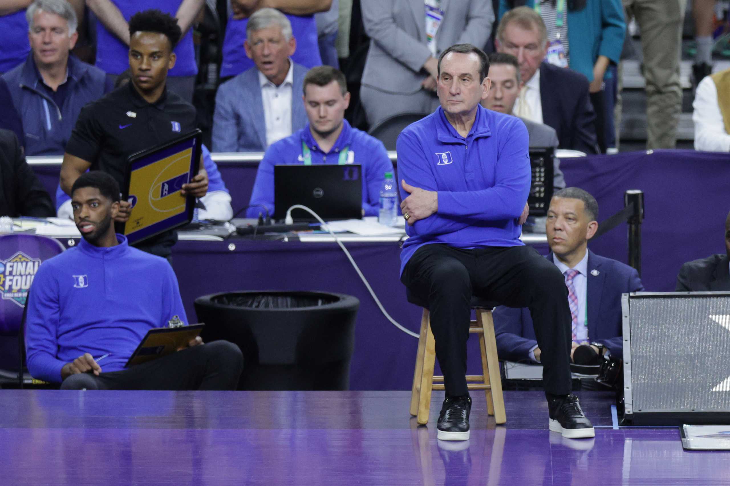 Apr 2, 2022; New Orleans, LA, USA; Duke Blue Devils head coach Mike Krzyzewski looks on in the final seconds of a loss to the North Carolina Tar Heels during the 2022 NCAA men's basketball tournament Final Four semifinals at Caesars Superdome. Mandatory Credit: Stephen Lew-USA TODAY Sports