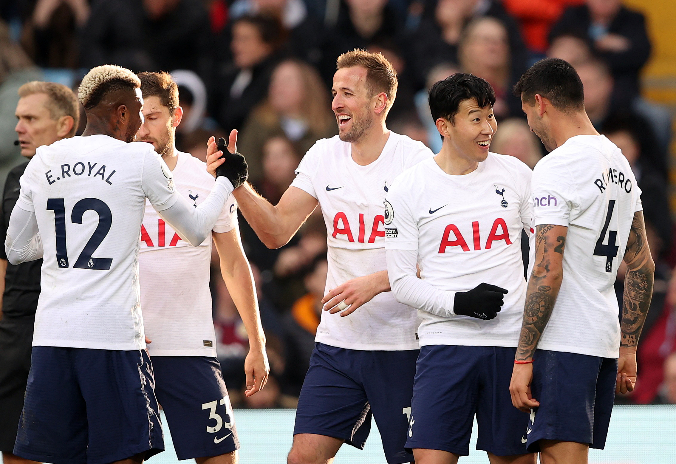 Soccer Football - Premier League - Aston Villa v Tottenham Hotspur - Villa Park, Birmingham, Britain - April 9, 2022  Tottenham Hotspur's Son Heung-min celebrates scoring their third goal with teammates Action Images via Reuters