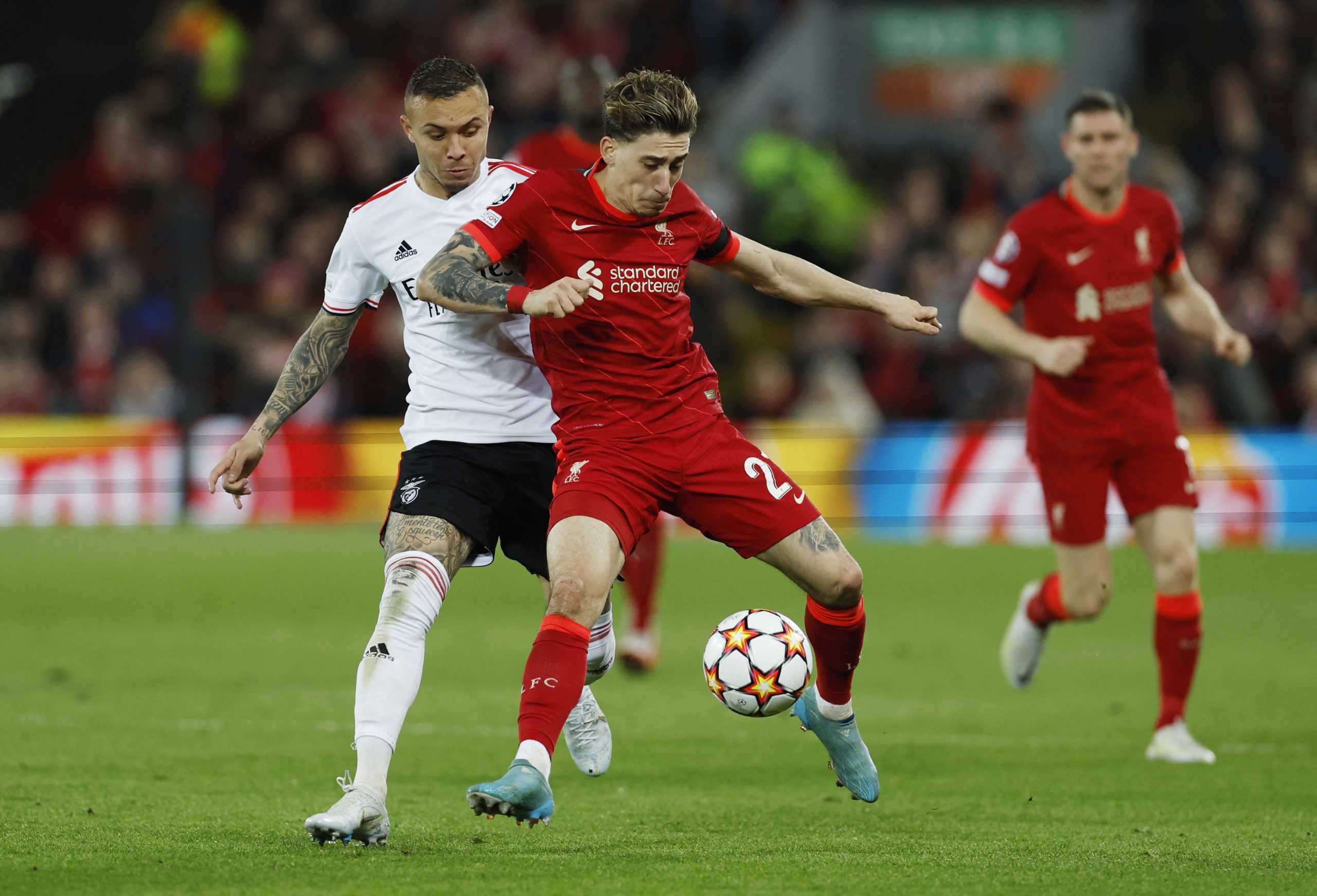 Soccer Football - Champions League - Quarter Final - Second Leg - Liverpool v Benfica - Anfield, Liverpool, Britain - April 13, 2022 Benfica's Everton in action with Liverpool's Kostas Tsimikas Action Images via Reuters