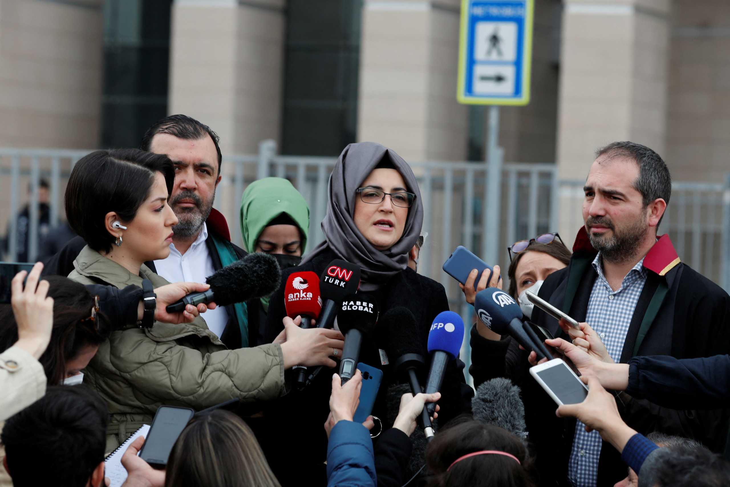 Hatice Cengiz, fiancee of the murdered Saudi journalist Jamal Khashoggi, talks to the media outside Justice Palace, the Caglayan Courthouse, after attending a trial on the killing of Khashoggi at the Saudi Arabian Consulate, in Istanbul, Turkey April 7, 2022. REUTERS