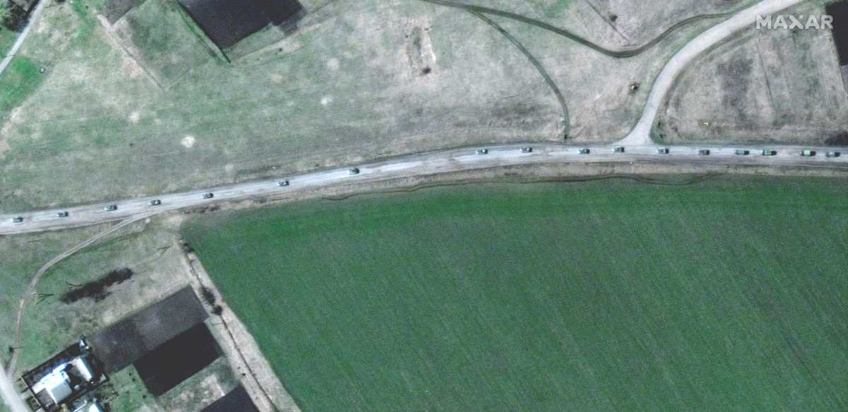 FILE PHOTO: A satellite image shows armoured vehicles at the northern end of a military convoy moving south through the Ukrainian town of Velykyi Burluk, Ukraine, April 8, 2022. Picture taken April 8, 2022. Satellite image 2022 Maxar Technologies