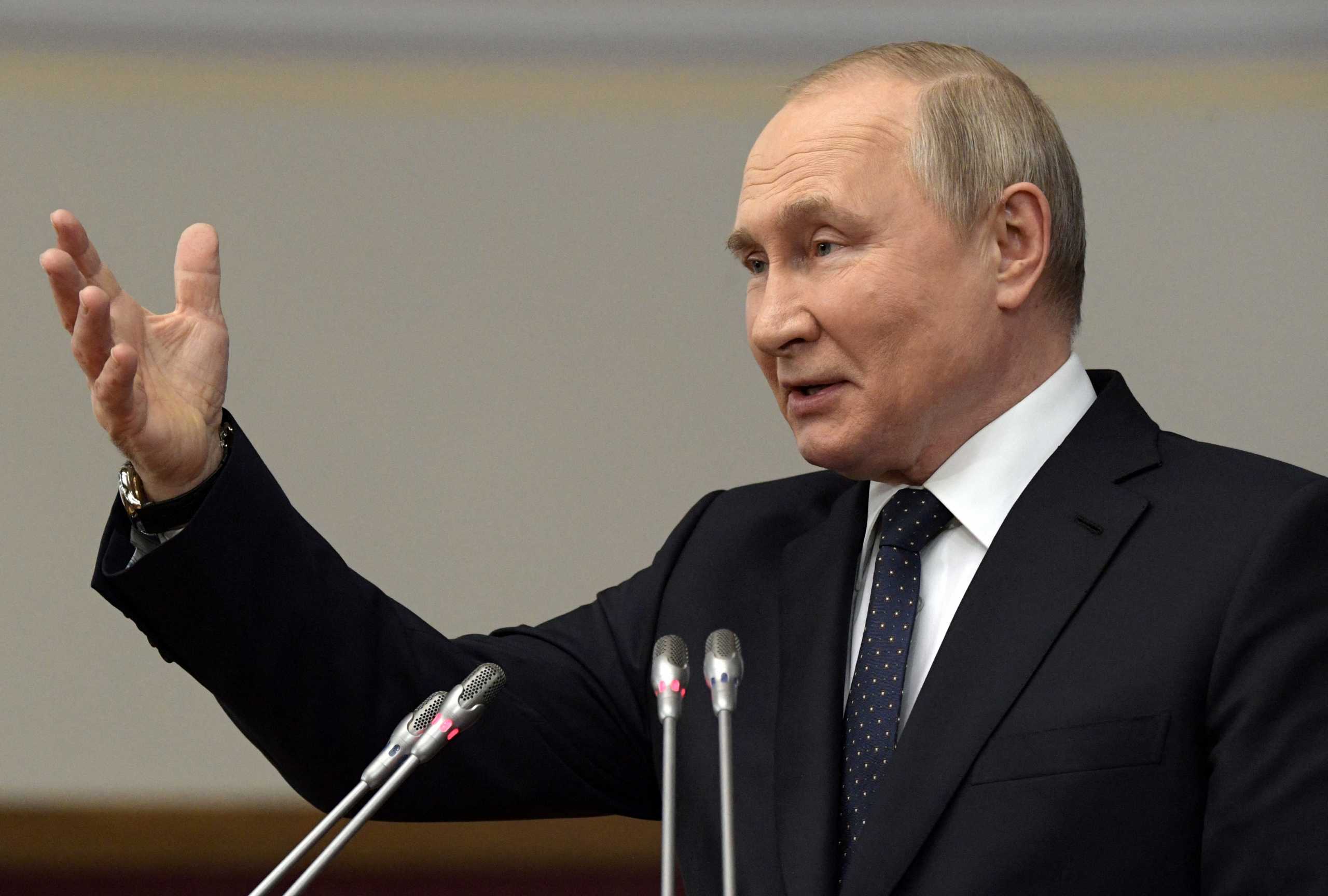 Russian President Vladimir Putin delivers a speech during a meeting of the Council of Legislators at the Federal Assembly in Saint Petersburg, Russia April 27, 2022. Sputnik