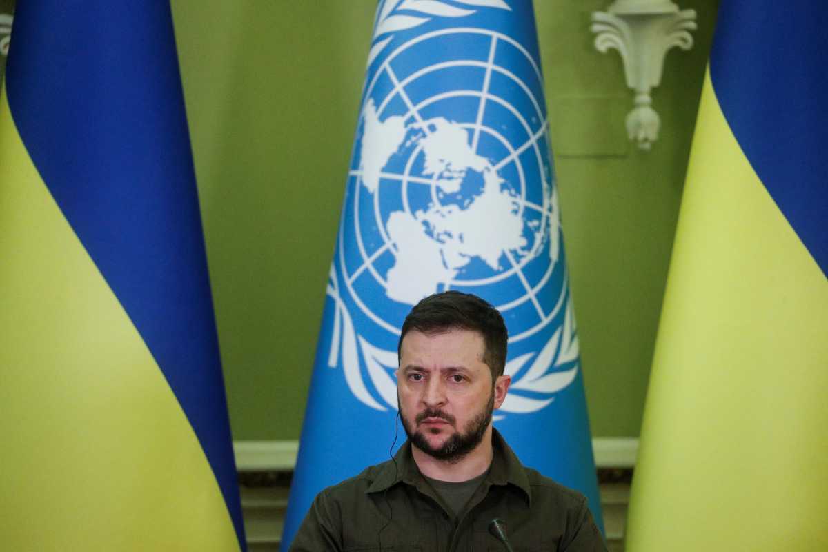 Ukraine's President Volodymyr Zelenskiy attends a joint news conference, as Russia's attack on Ukraine continues, in Kyiv, Ukraine April 28, 2022. REUTERS