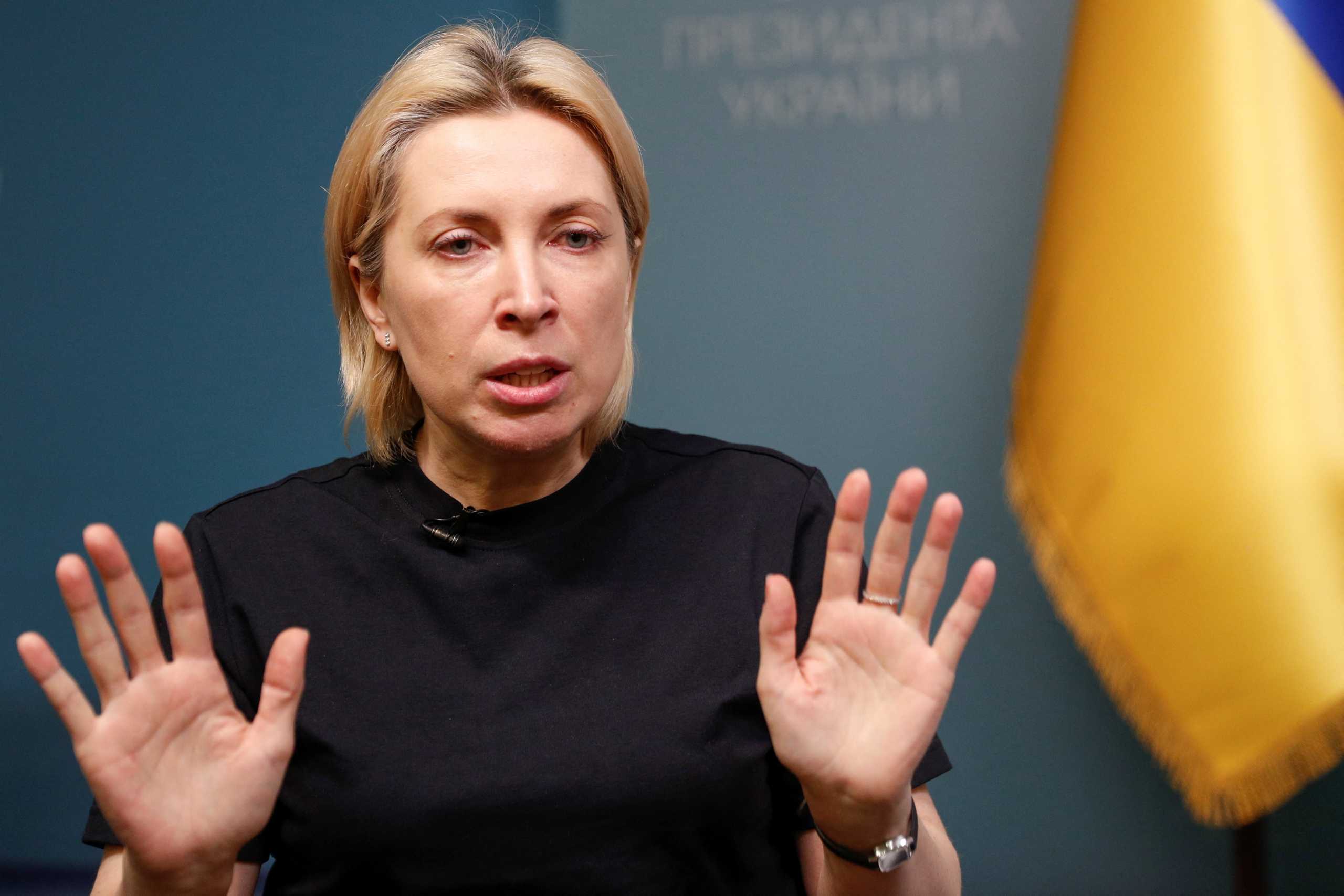 Ukraine's Deputy Prime Minister Iryna Vereshchuk, in charge of negotiating prisoner swaps and humanitarian corridors with Russia, speaks during an interview with Reuters in Kyiv, Ukraine April 11, 2022.  REUTERS