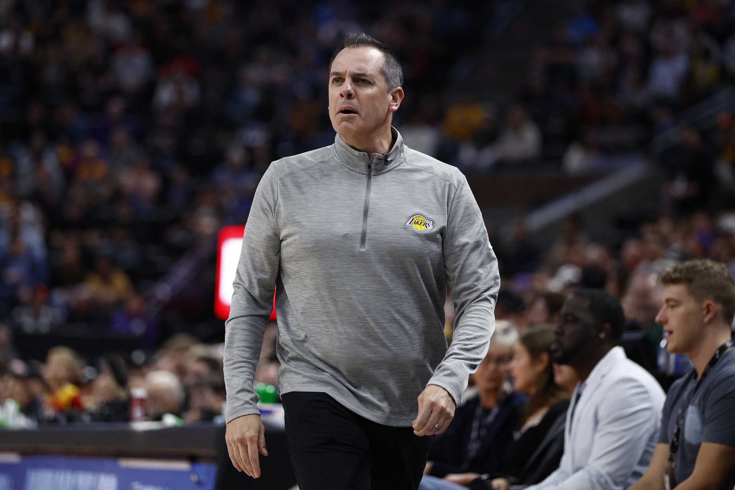 Mar 31, 2022; Salt Lake City, Utah, USA; Los Angeles Lakers head coach Frank Vogel works the sideline against the Utah Jazz at Vivint Arena. Mandatory Credit: Jeffrey Swinger-USA TODAY Sports