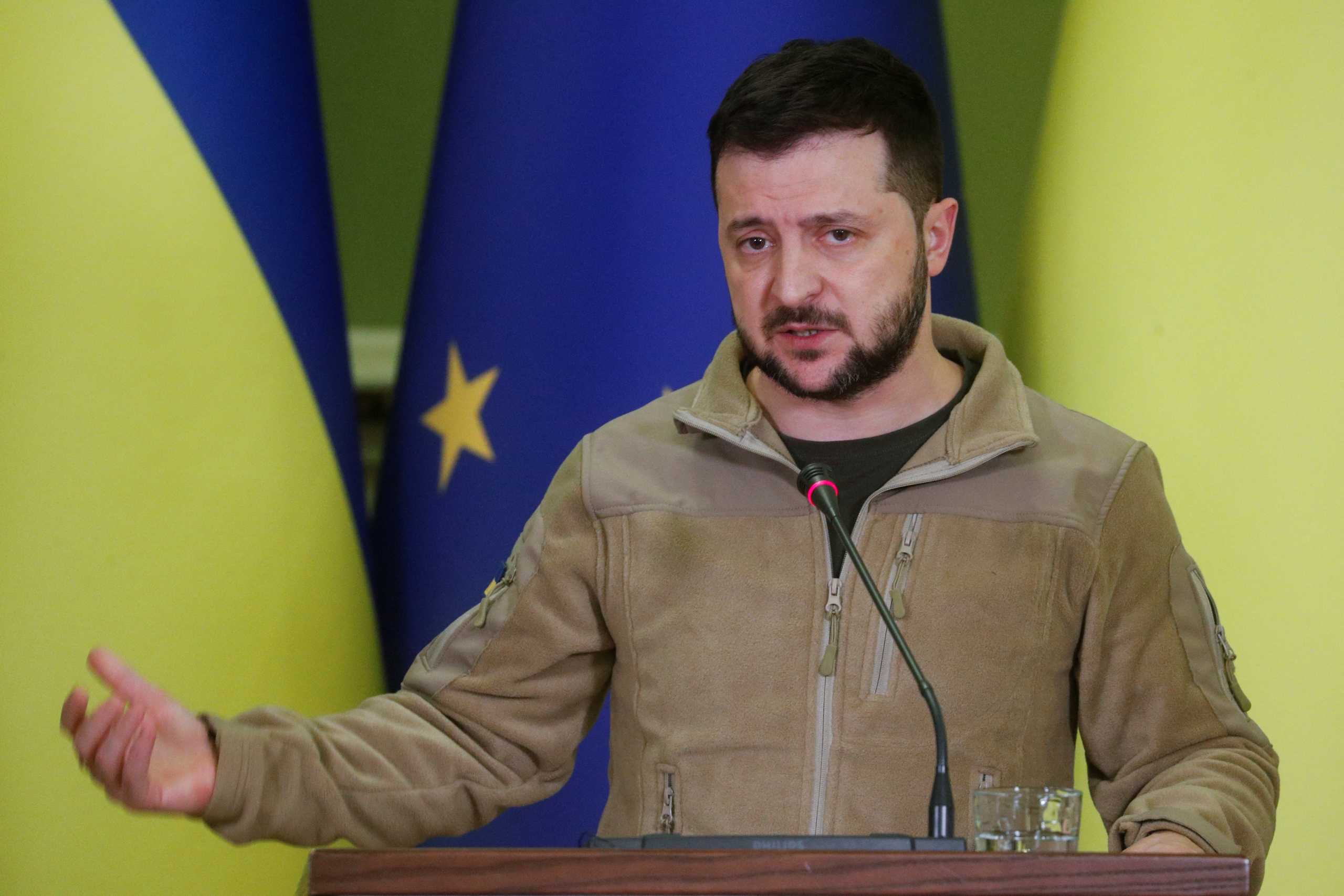Ukraine's President Volodymyr Zelenskiy speaks during a joint news conference with European Council President Charles Michel after their meeting, as Russia's attack on Ukraine continues, in Kyiv, Ukraine April 20, 2022. REUTERS