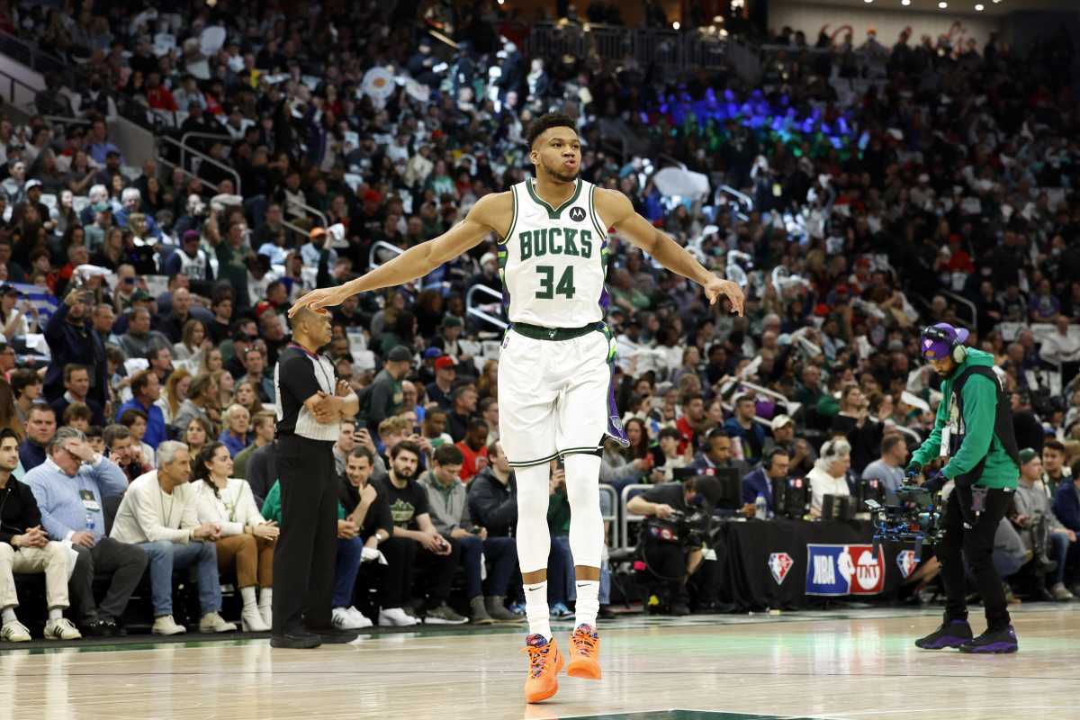 Apr 17, 2022; Milwaukee, Wisconsin, USA; Milwaukee Bucks forward Giannis Antetokounmpo (34) gestures prior to the game against the Chicago Bulls during game one of the first round for the 2022 NBA playoffs at Fiserv Forum. Mandatory Credit: Jeff Hanisch-USA TODAY Sports