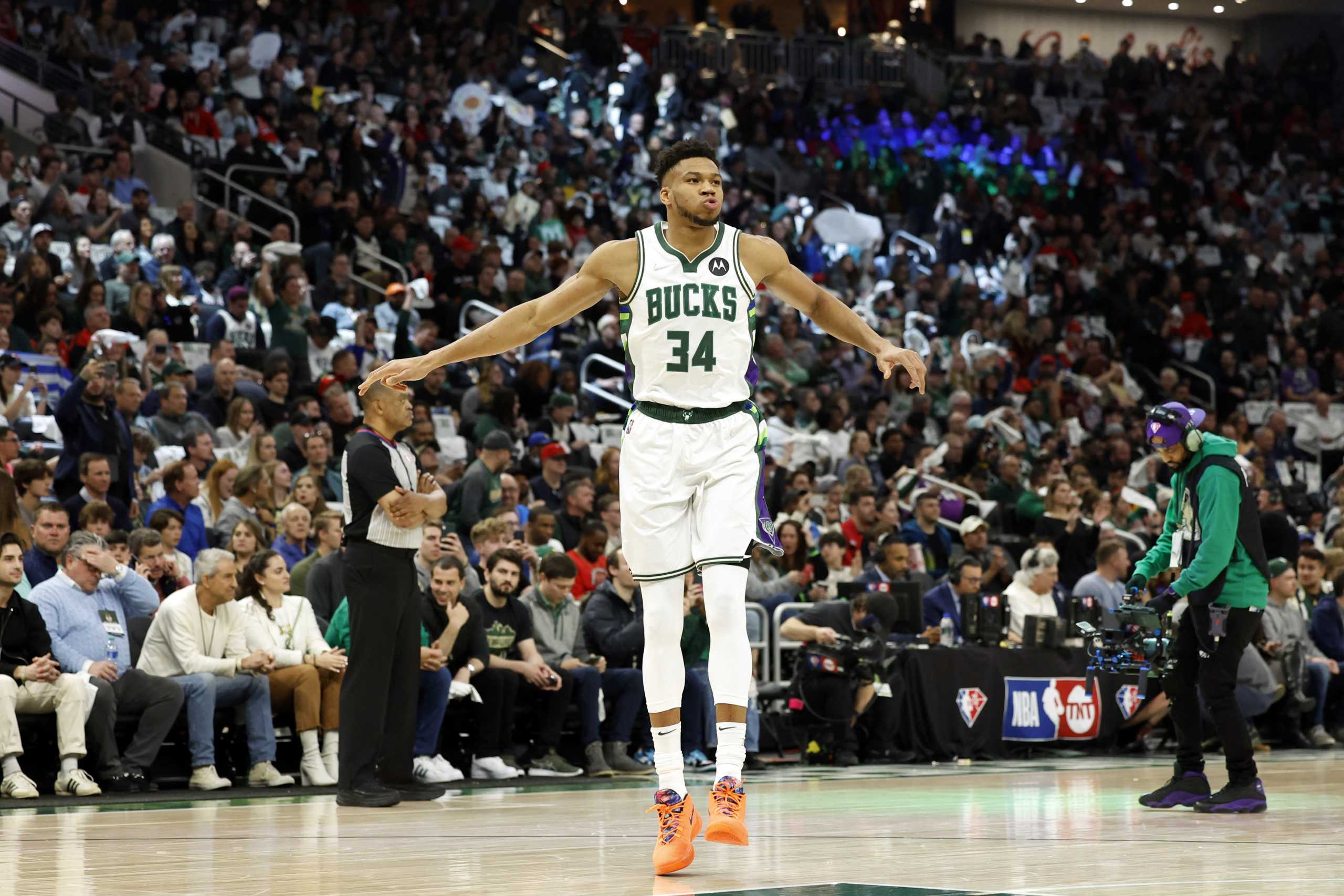 Apr 17, 2022; Milwaukee, Wisconsin, USA; Milwaukee Bucks forward Giannis Antetokounmpo (34) gestures prior to the game against the Chicago Bulls during game one of the first round for the 2022 NBA playoffs at Fiserv Forum. Mandatory Credit: Jeff Hanisch-USA TODAY Sports