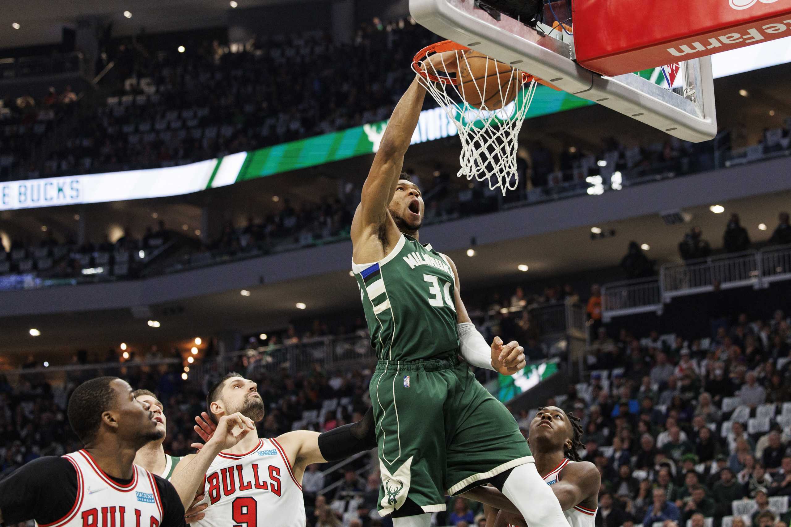 Apr 27, 2022; Milwaukee, Wisconsin, USA;  Milwaukee Bucks forward Giannis Antetokounmpo (34) dunks during the first quarter against the Chicago Bulls during game five of the first round for the 2022 NBA playoffs at Fiserv Forum. Mandatory Credit: Jeff Hanisch-USA TODAY Sports