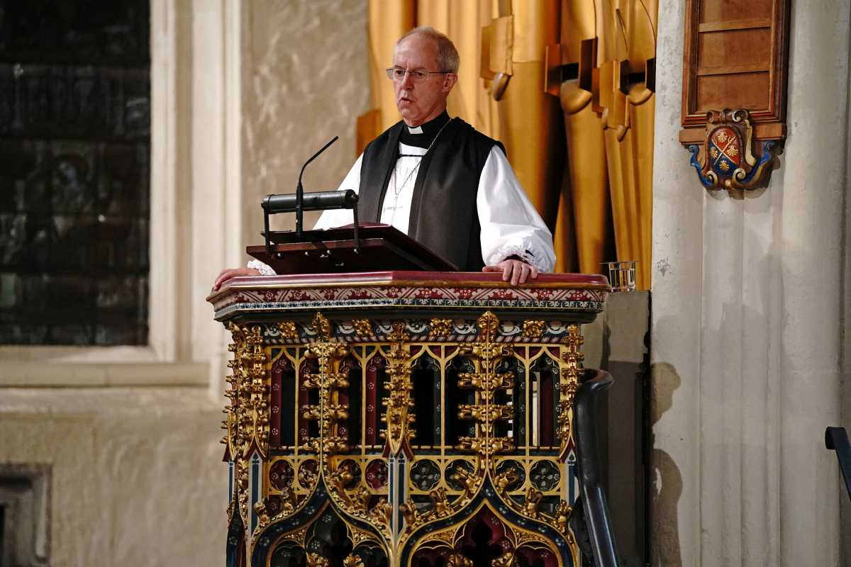 FILE PHOTO: The Archbishop of Canterbury Justin Welby speaks during a service to honour murdered British MP David Amess at the Church of St Margaret, in the grounds of Westminster Abbey, London, Britain, October 18, 2021. Jonathan Brady