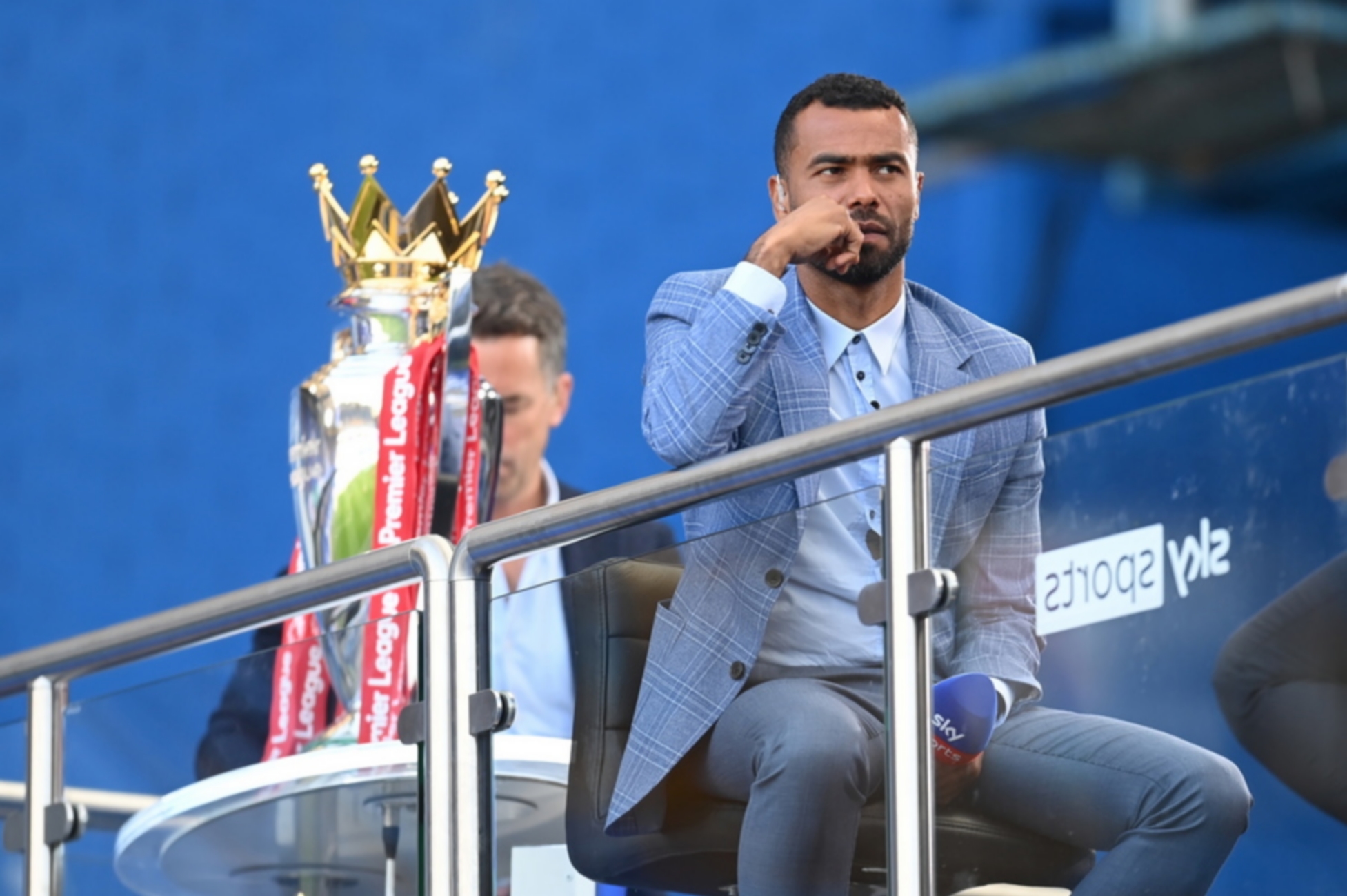epa08684063 TV pundit Ashley Cole sits on the stands ahead of the English Premier League match between Chelsea vs Liverpool in London, Britain, 20 September 2020.  EPA