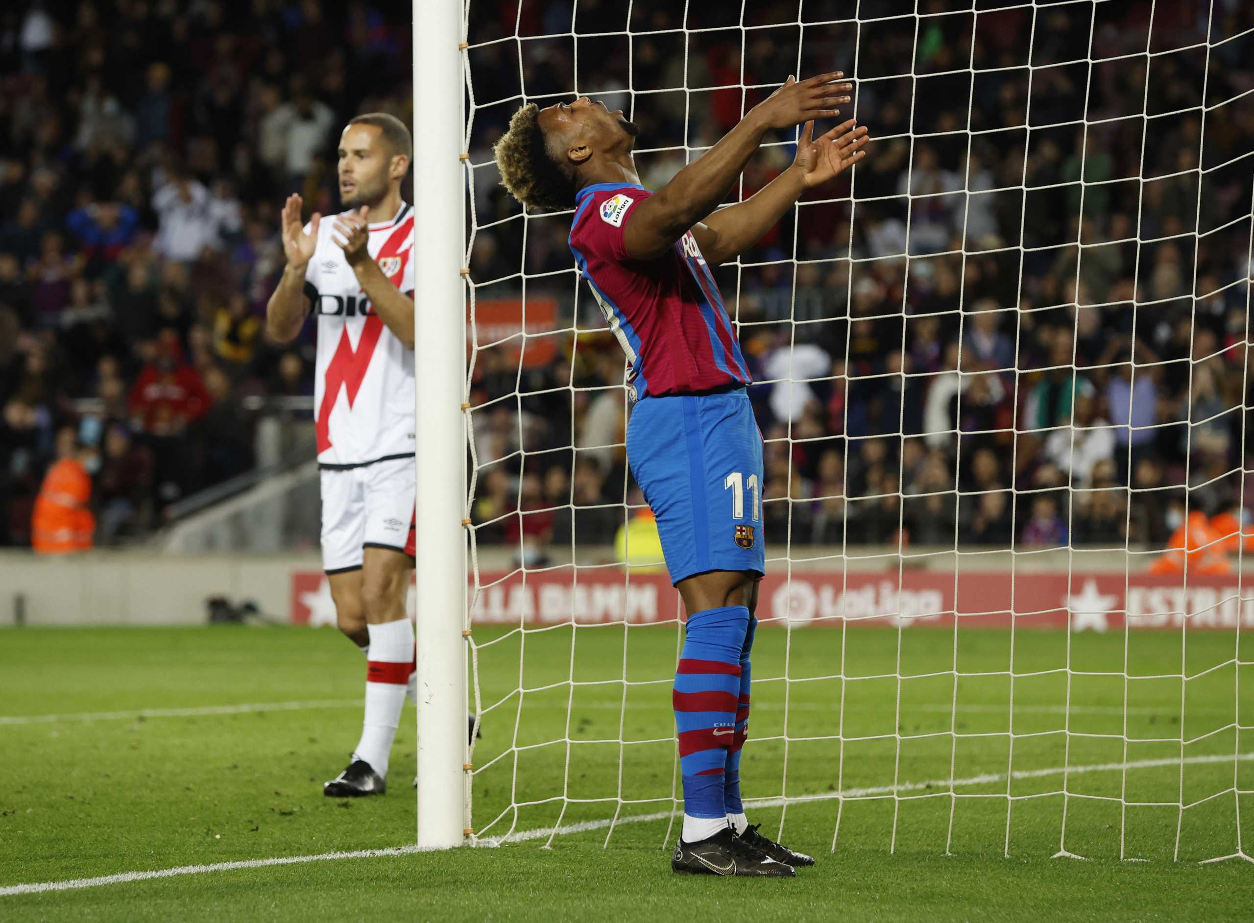 Soccer Football - LaLiga - FC Barcelona v Rayo Vallecano - Camp Nou, Barcelona, Spain - April 24, 2022 FC Barcelona's Adama Traore reacts after he misses a chance to score REUTERS