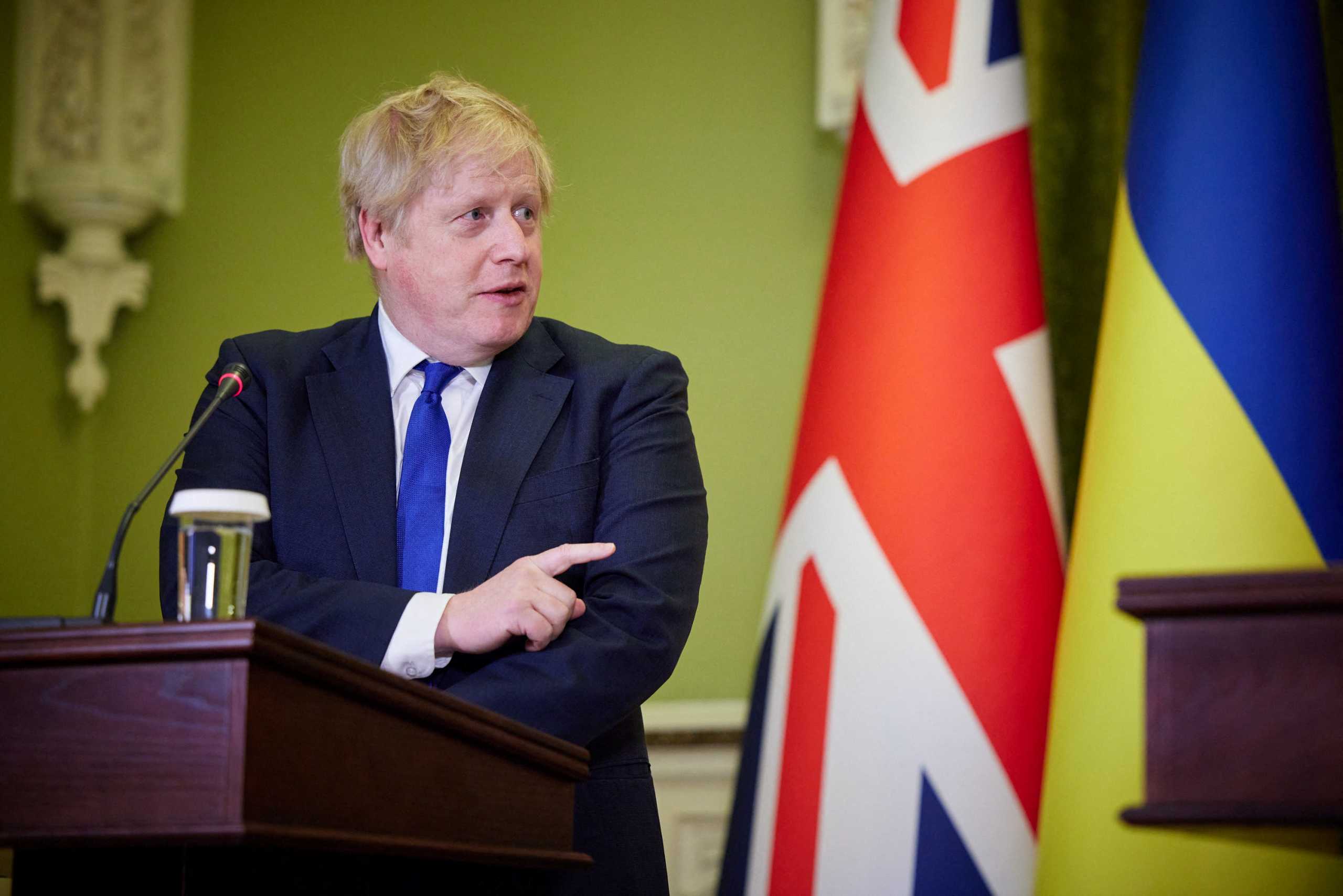 British Prime Minister Boris Johnson attends a news briefing with Ukraine's President Volodymyr Zelenskiy, as Russia's attack on Ukraine continues, in Kyiv, Ukraine April 9, 2022. Ukrainian Presidential Press Service