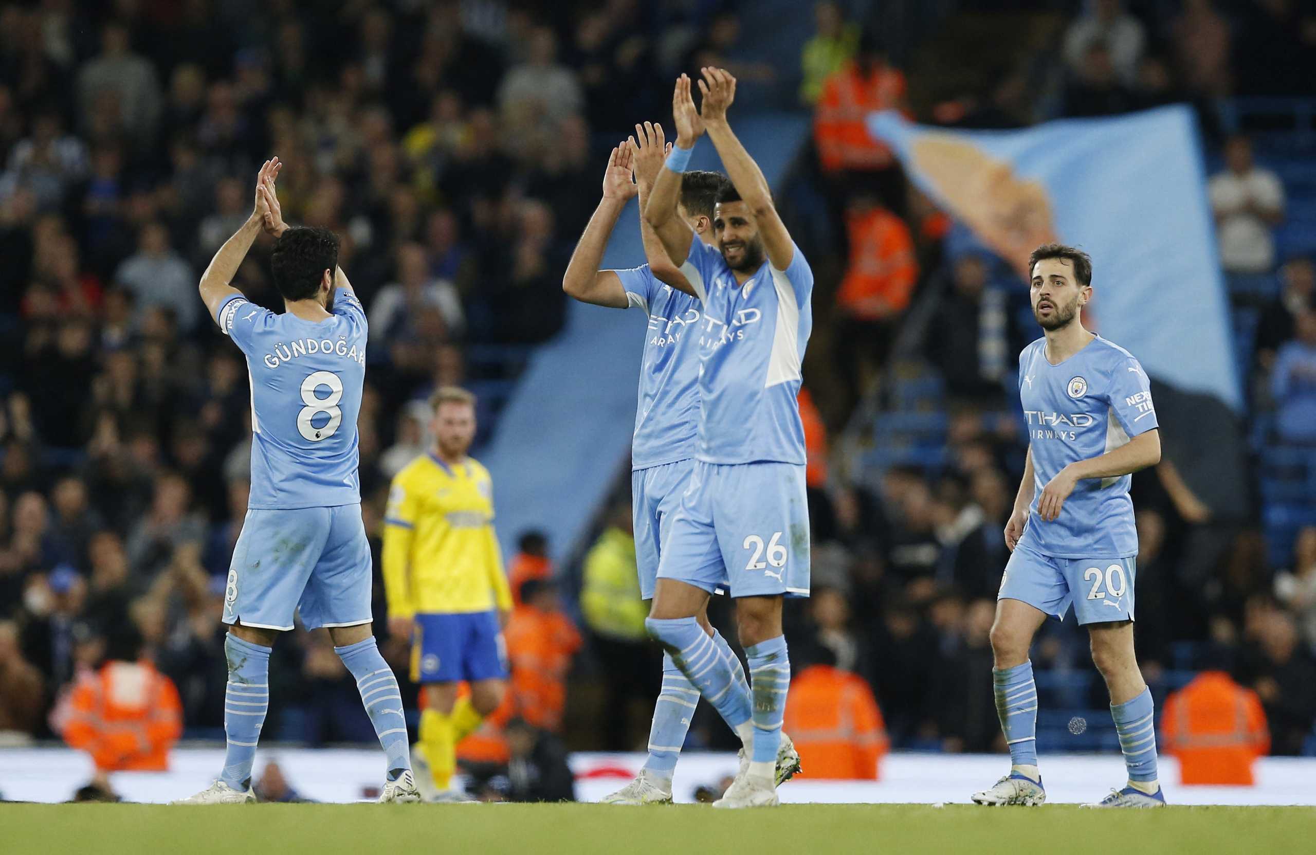 Soccer Football - Premier League - Manchester City v Brighton & Hove Albion - Etihad Stadium, Manchester, Britain - April 20, 2022  Manchester City's Riyad Mahrez applauds fans after the match REUTERS