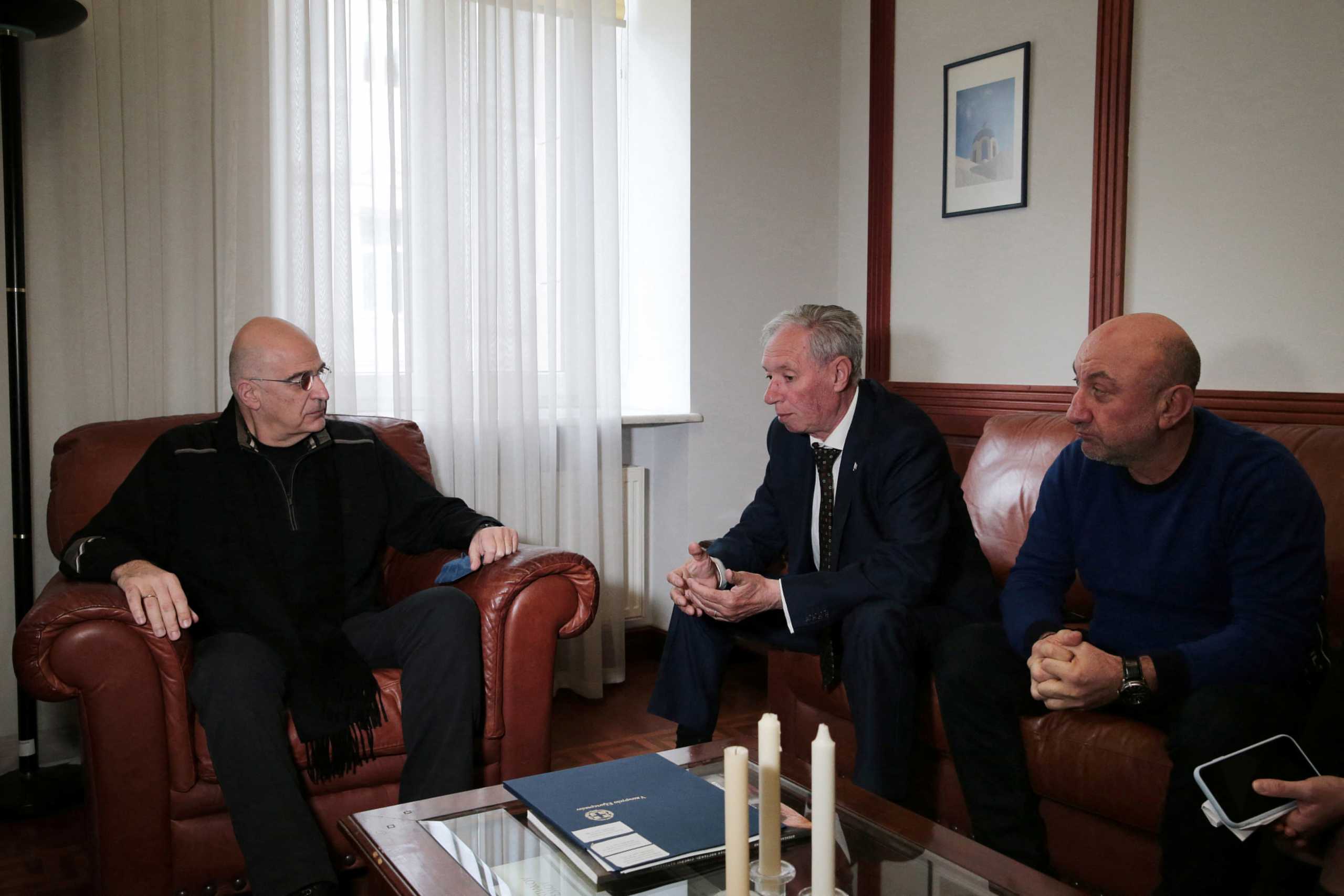 Greek Foreign Minister Nikos Dendias meets with representatives of expatriate organisations at the Greek Consulate General in Odesa, Ukraine, April 3, 2022. George Vitsaras
