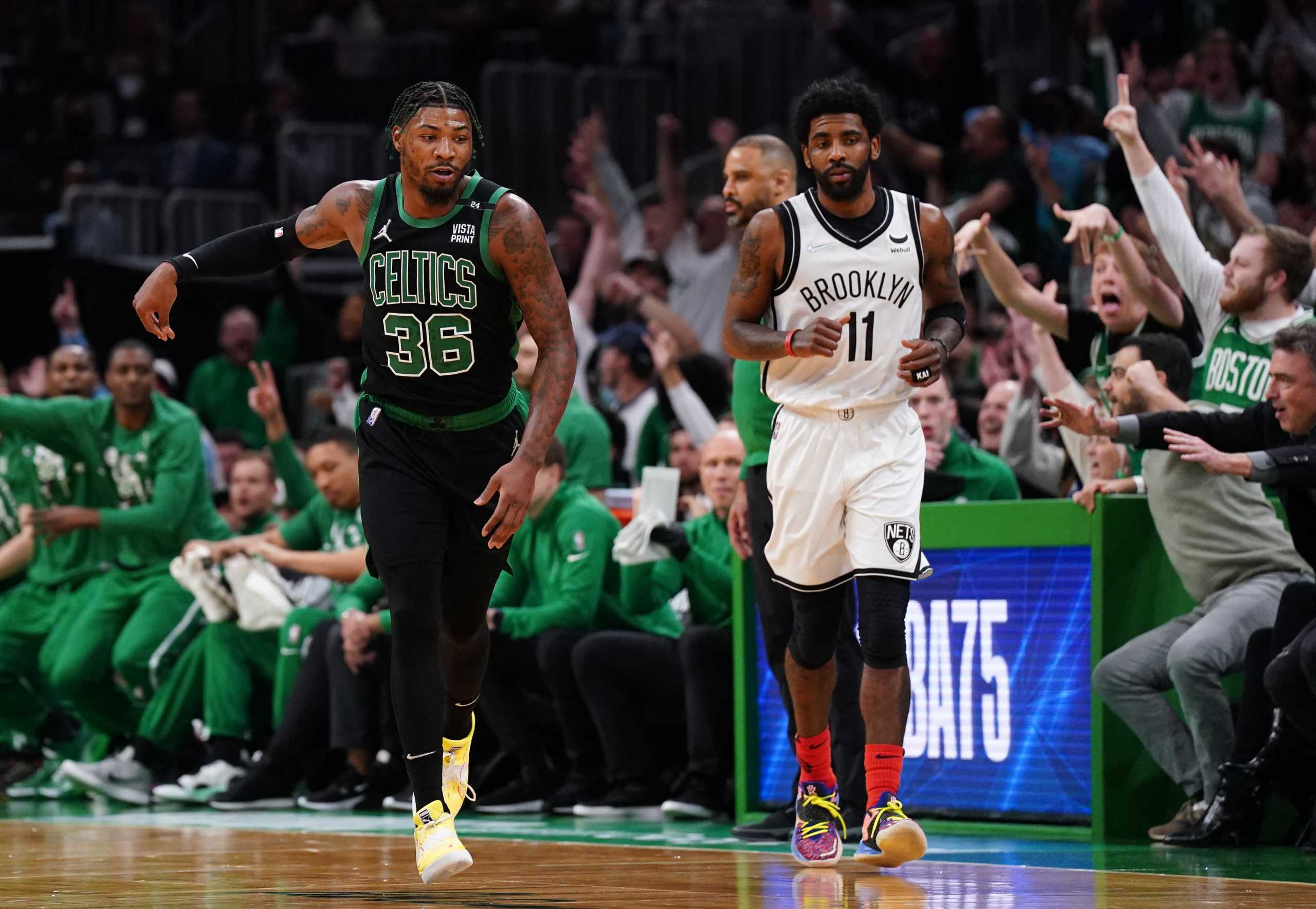 Apr 17, 2022; Boston, Massachusetts, USA; Boston Celtics guard Marcus Smart (36) reacts after his three point basket against the Brooklyn Nets in the first quarter during game one of the first round for the 2022 NBA playoffs at TD Garden. Mandatory Credit: David Butler II-USA TODAY Sports