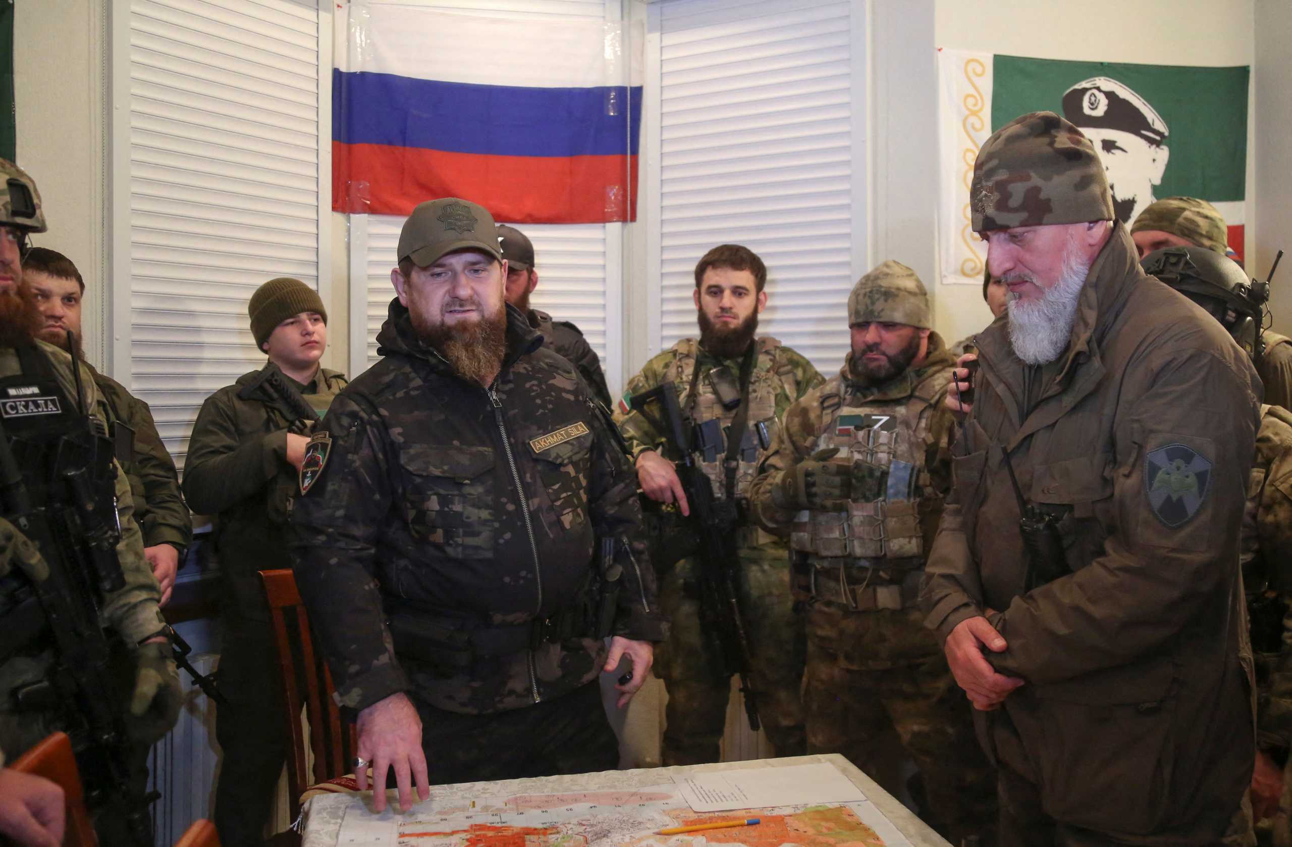 Head of the Chechen Republic Ramzan Kadyrov attends a meeting with commanders of Russia's 8th combined army of the Southern Military District and special forces units at an operations centre in the course of Ukraine-Russia conflict in the city of Mariupol, Ukraine March 28, 2022. Picture taken March 28, 2022. REUTERS