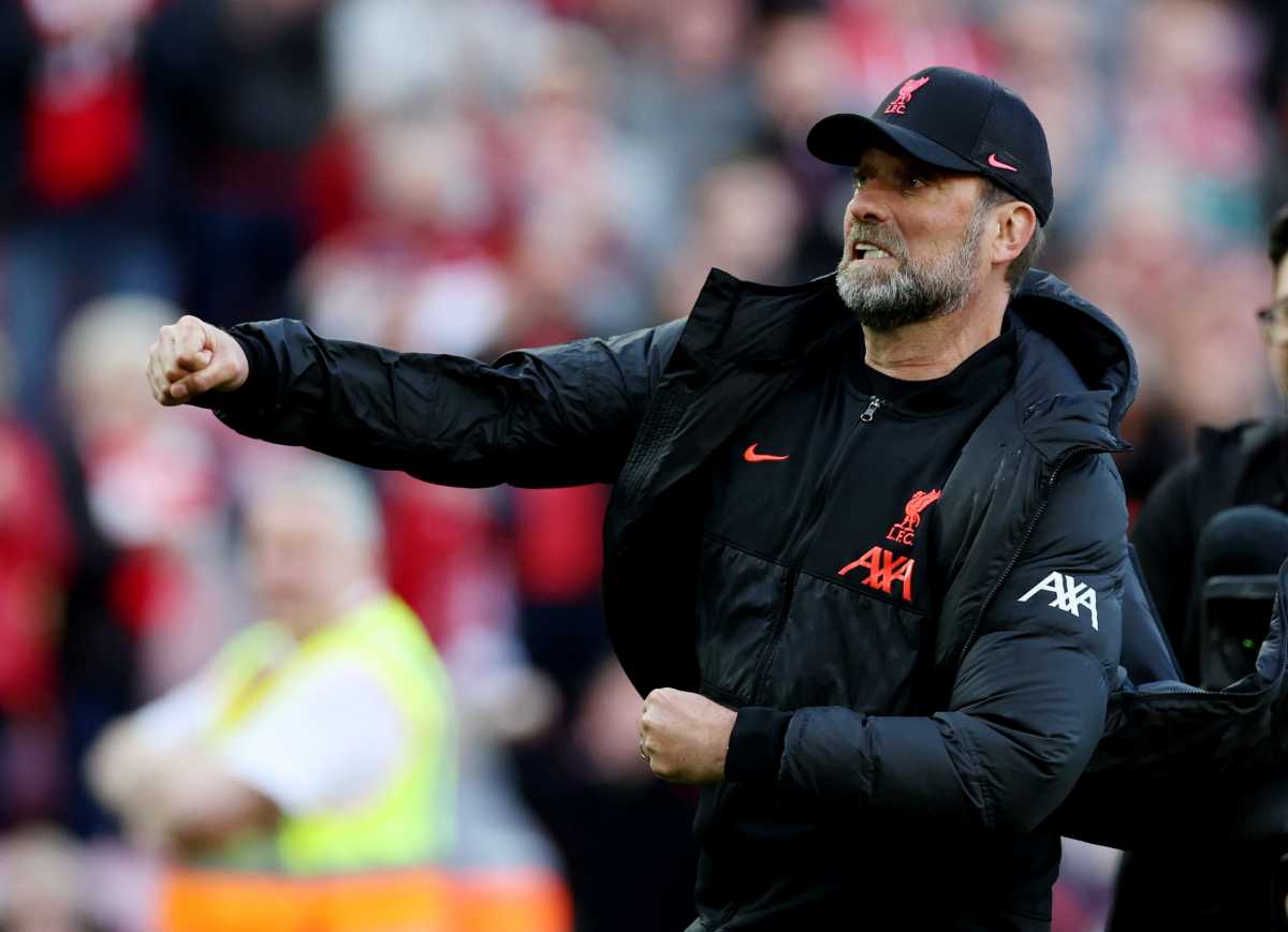 Soccer Football - Premier League - Liverpool v Everton - Anfield, Liverpool, Britain - April 24, 2022  Liverpool manager Juergen Klopp celebrates after the match REUTERS