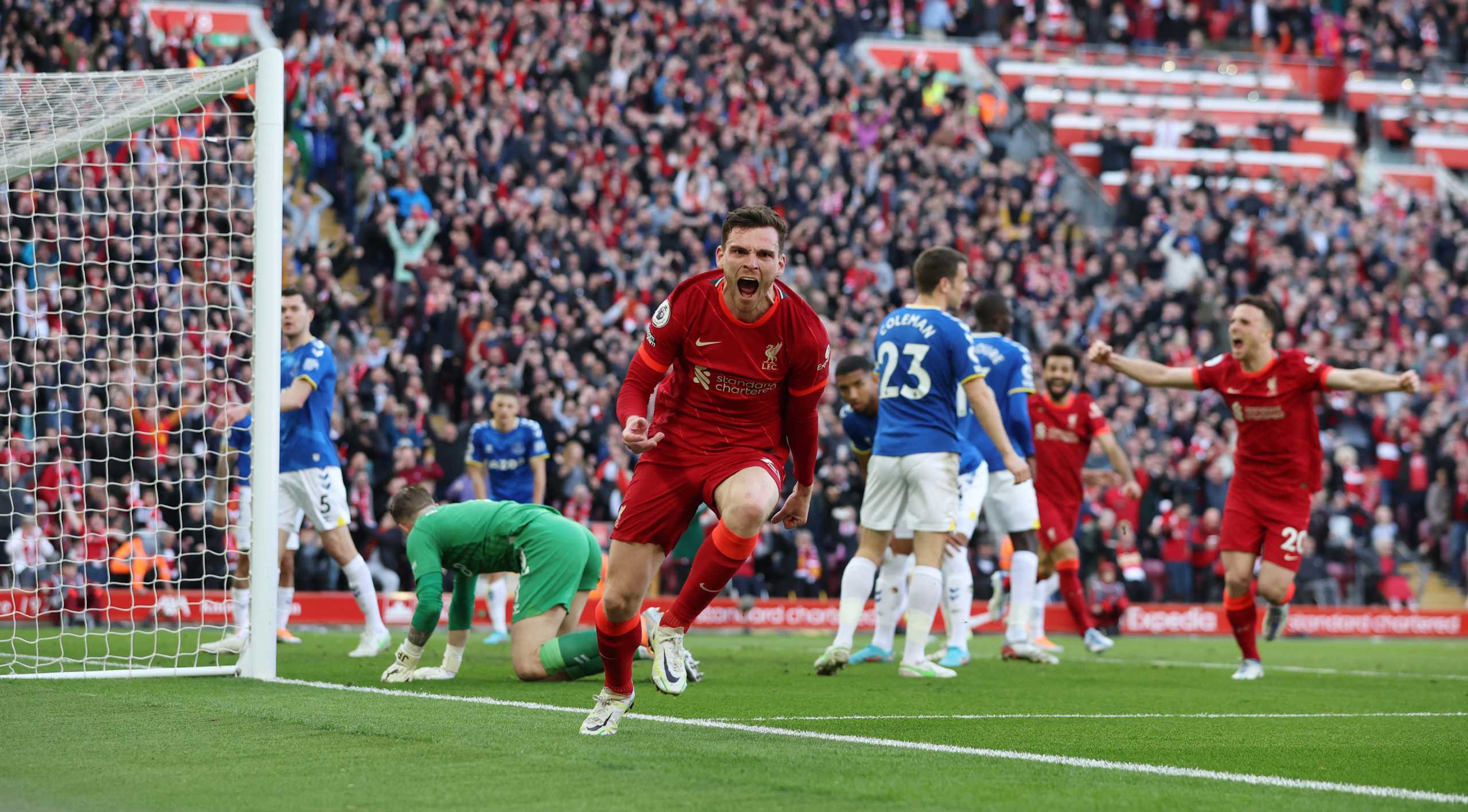 Soccer Football - Premier League - Liverpool v Everton - Anfield, Liverpool, Britain - April 24, 2022  Liverpool's Andrew Robertson celebrates scoring their first goal REUTERS