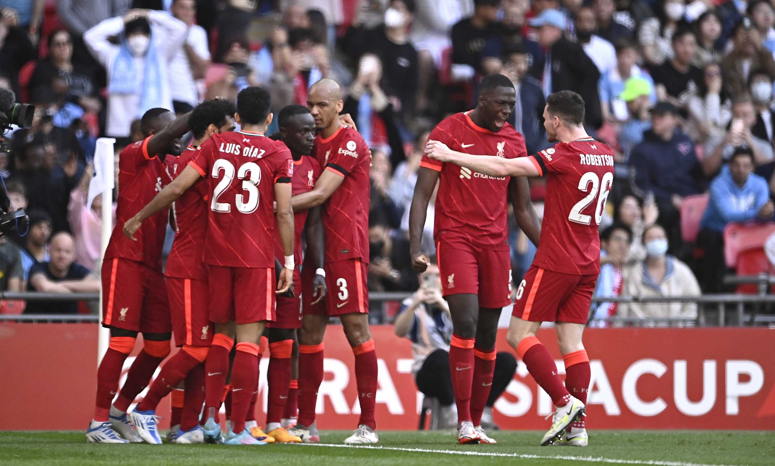 Soccer Football - FA Cup Semi Final - Manchester City v Liverpool - Wembley Stadium, London, Britain - April 16, 2022 Liverpool's Sadio Mane celebrates scoring their third goal with teammates Action Images via Reuters