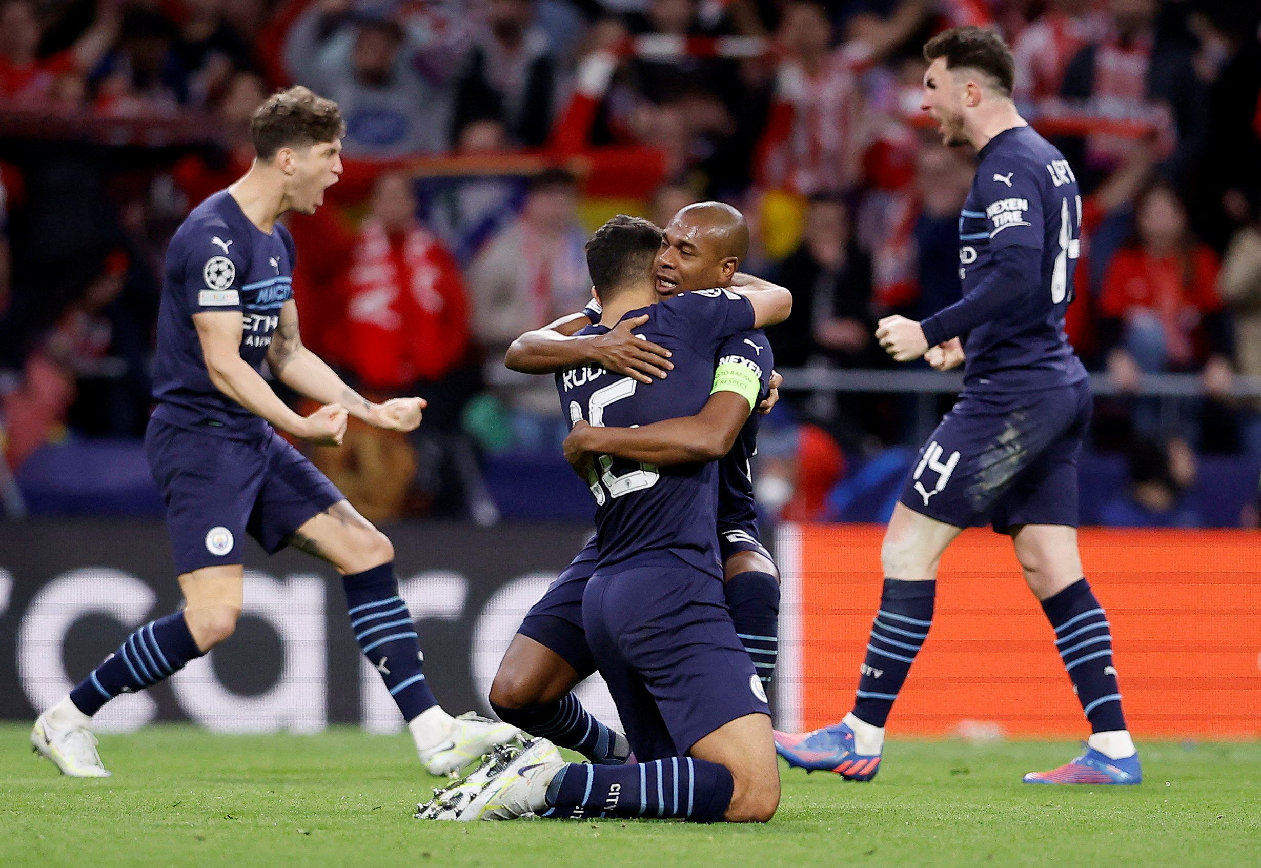 Soccer Football - Champions League - Quarter Final - Second Leg - Atletico Madrid v Manchester City - Wanda Metropolitano, Madrid, Spain - April 13, 2022 Manchester City's Rodri celebrates with Fernandinho after the match REUTERS