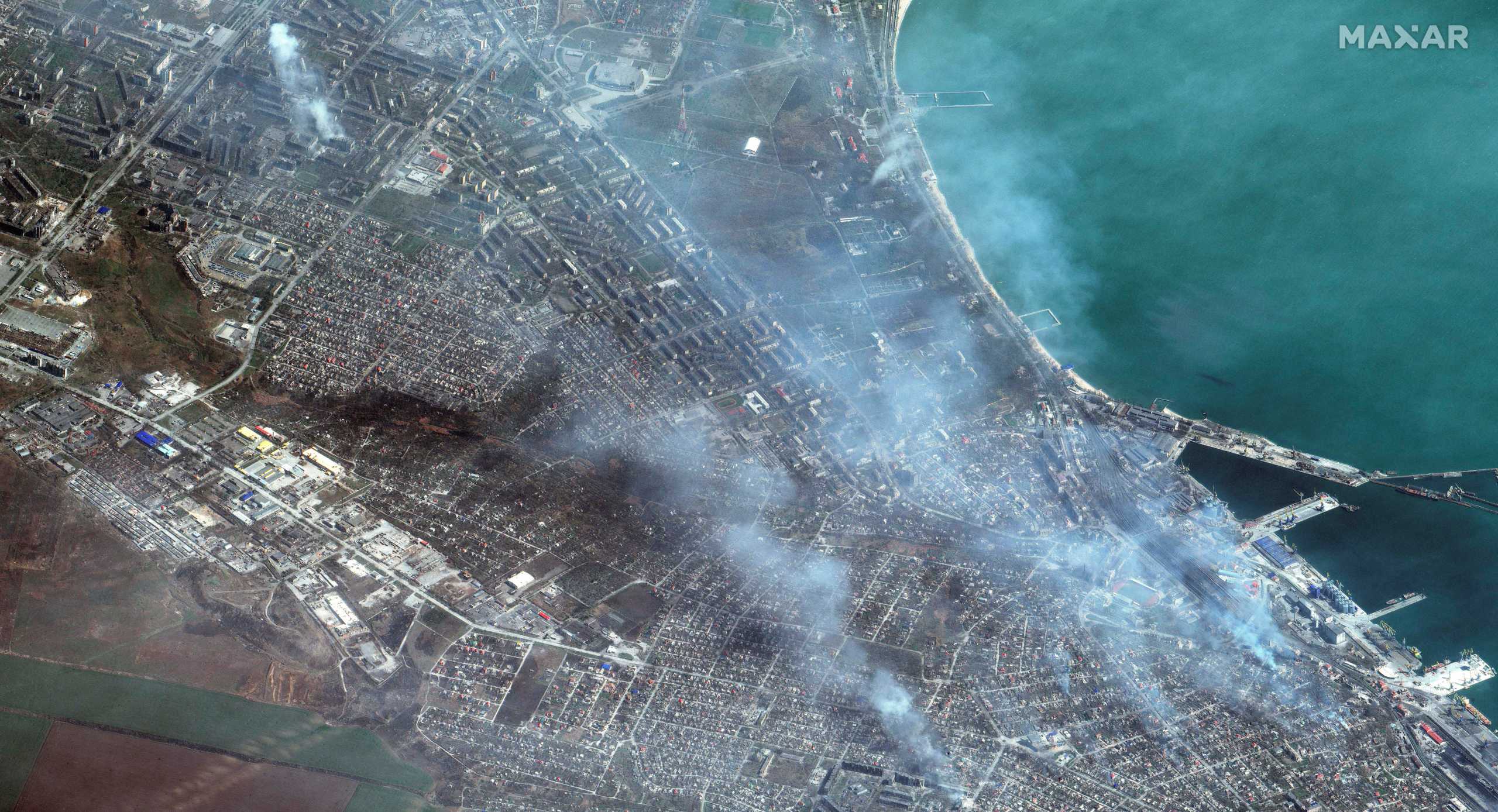 A satellite image shows buildings on fire in Mariupol, Ukraine, April 9, 2022. Picture taken April 9, 2022. Satellite image 2022 Maxar Technologies