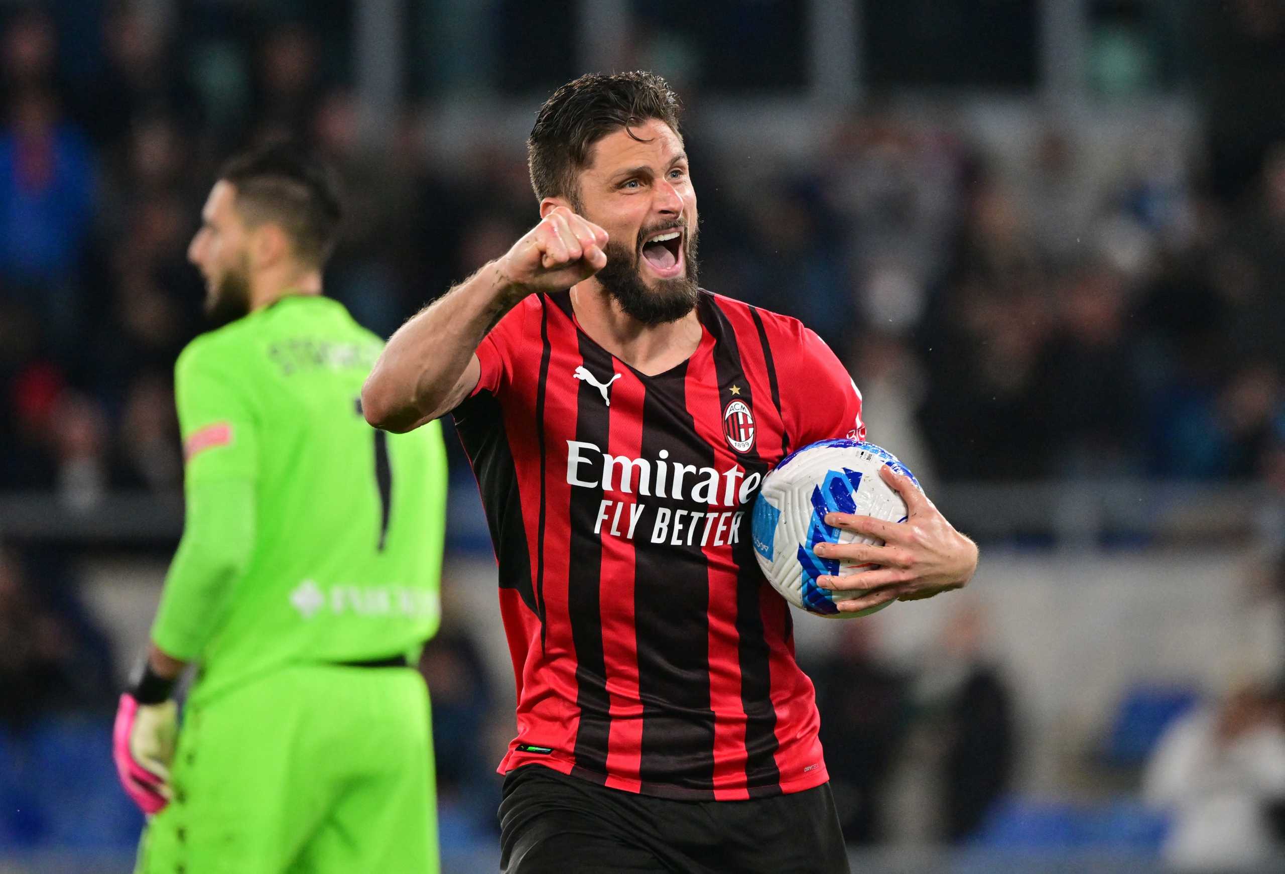 Soccer Football - Serie A - Lazio v AC Milan - Stadio Olimpico, Rome, Italy - April 24, 2022 AC Milan's Olivier Giroud celebrates scoring their first goal REUTERS