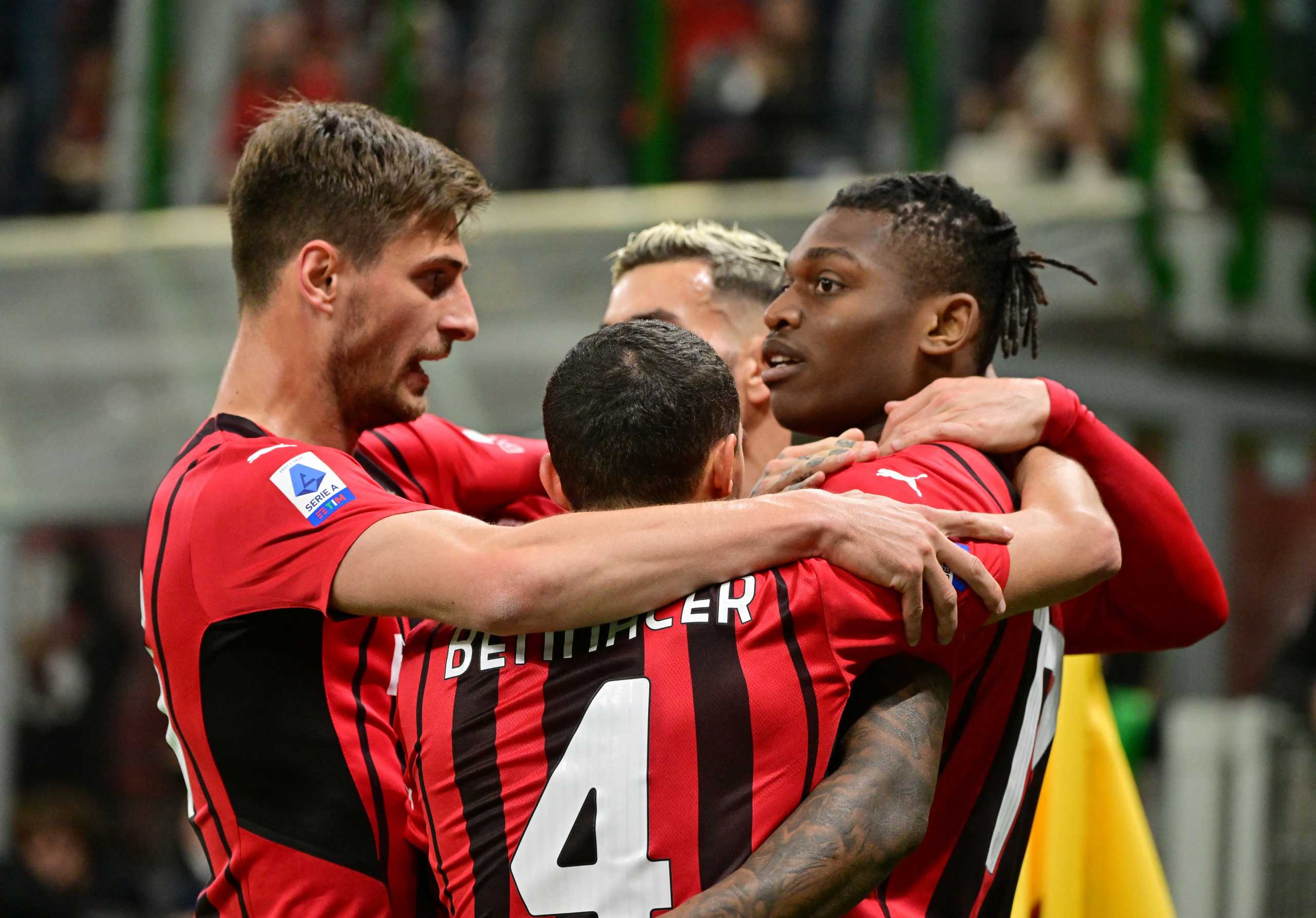 Soccer Football - Serie A - AC Milan v Genoa - San Siro, Milan, Italy - April 15, 2022 AC Milan's Rafael Leao celebrates scoring their first goal with teammates REUTERS