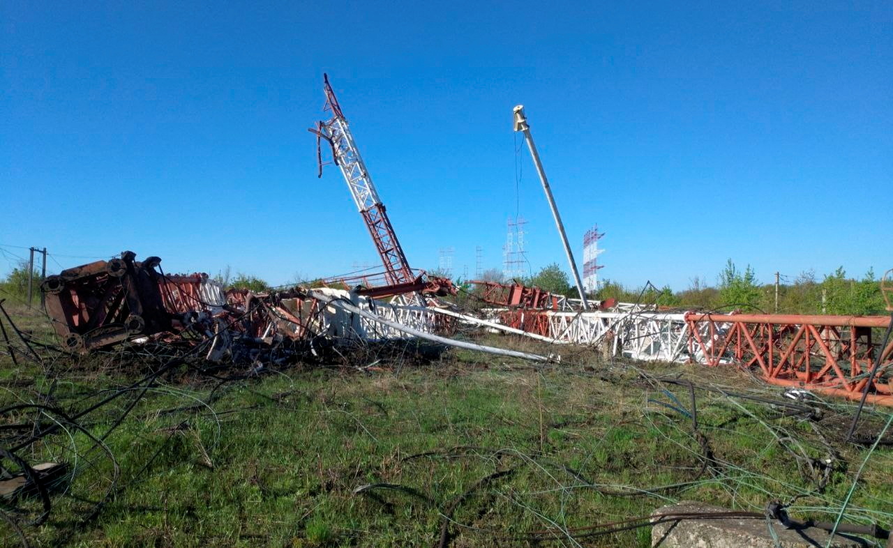 A view of toppled Pridnestrovian radio centre antennas, also known as "Grigoriopol transmitter", following the blasts, near Maiac, Grigoriopol, in Moldova's self-proclaimed separatist Transdniestria region, in this handout photo released on April 26, 2022.   Transdniestrian Interior Ministry