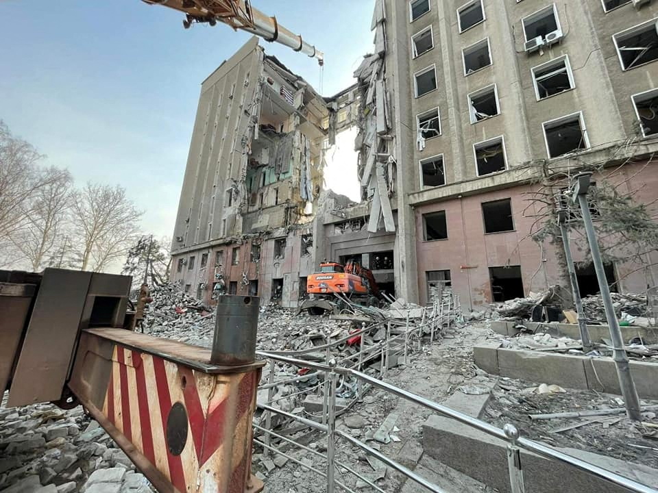 A general view shows damages at the site of the regional administration building, that was hit by cruise missiles, amid Russia's invasion of Ukraine, in Mykolaiv, Ukraine, in this handout picture released March 30, 2022. State Emergency Service of Ukraine