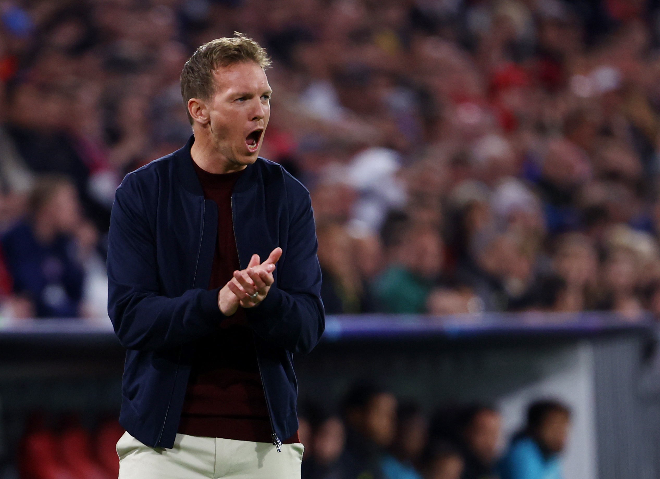 Soccer Football - Champions League - Quarter-Final - Second Leg - Bayern Munich v Villarreal - Allianz Arena, Munich, Germany - April 12, 2022  Bayern Munich coach Julian Nagelsmann reacts REUTERS