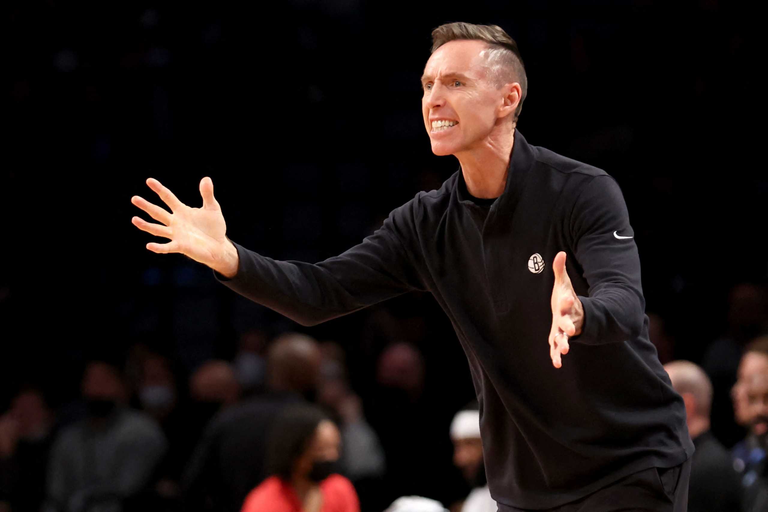 Apr 8, 2022; Brooklyn, New York, USA; Brooklyn Nets head coach Steve Nash coaches against the Cleveland Cavaliers during the third quarter at Barclays Center. Mandatory Credit: Brad Penner-USA TODAY Sports