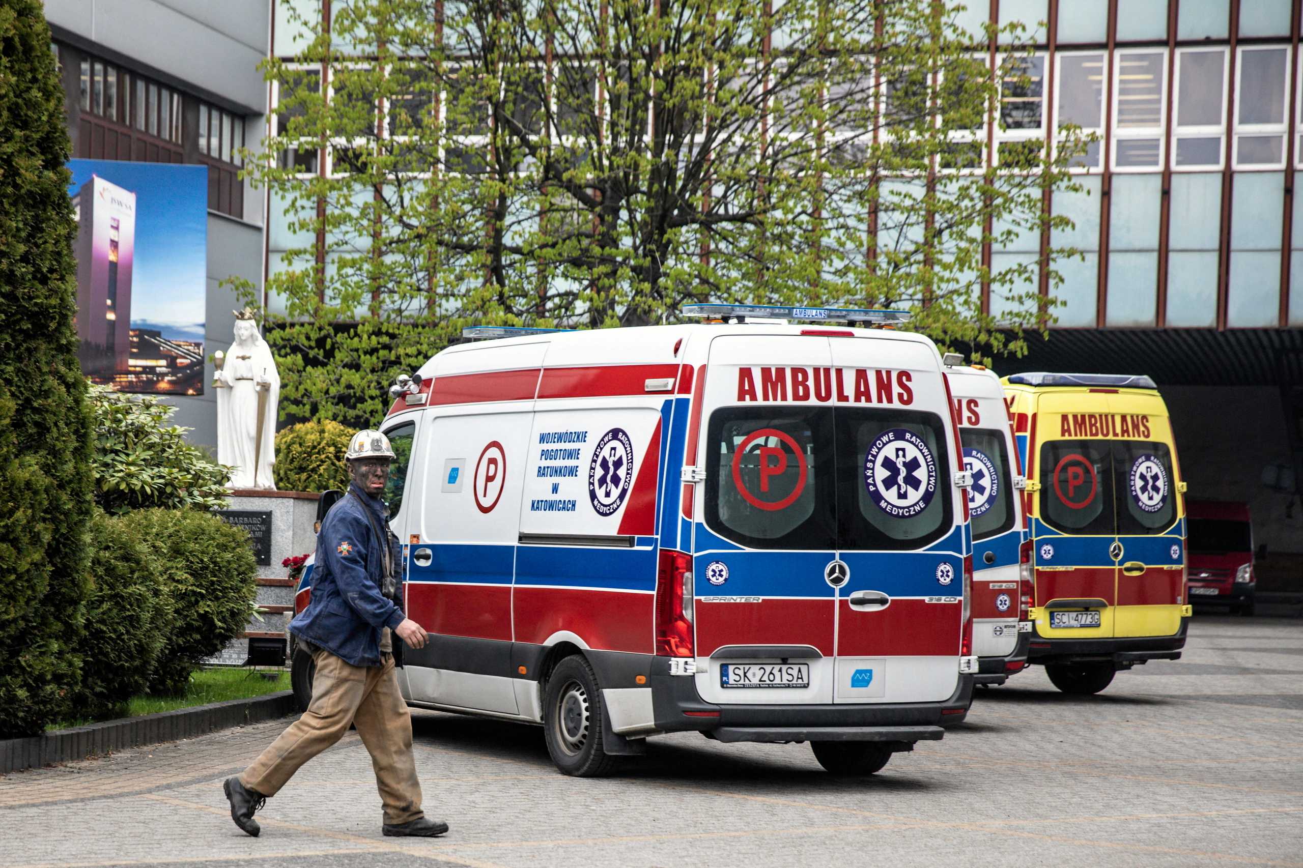 Ambulances are seen at JSW's Pniowek coal mine after a probable methane explosion, in Pawlowice, Poland, April 20, 2022. Dominik Gajda