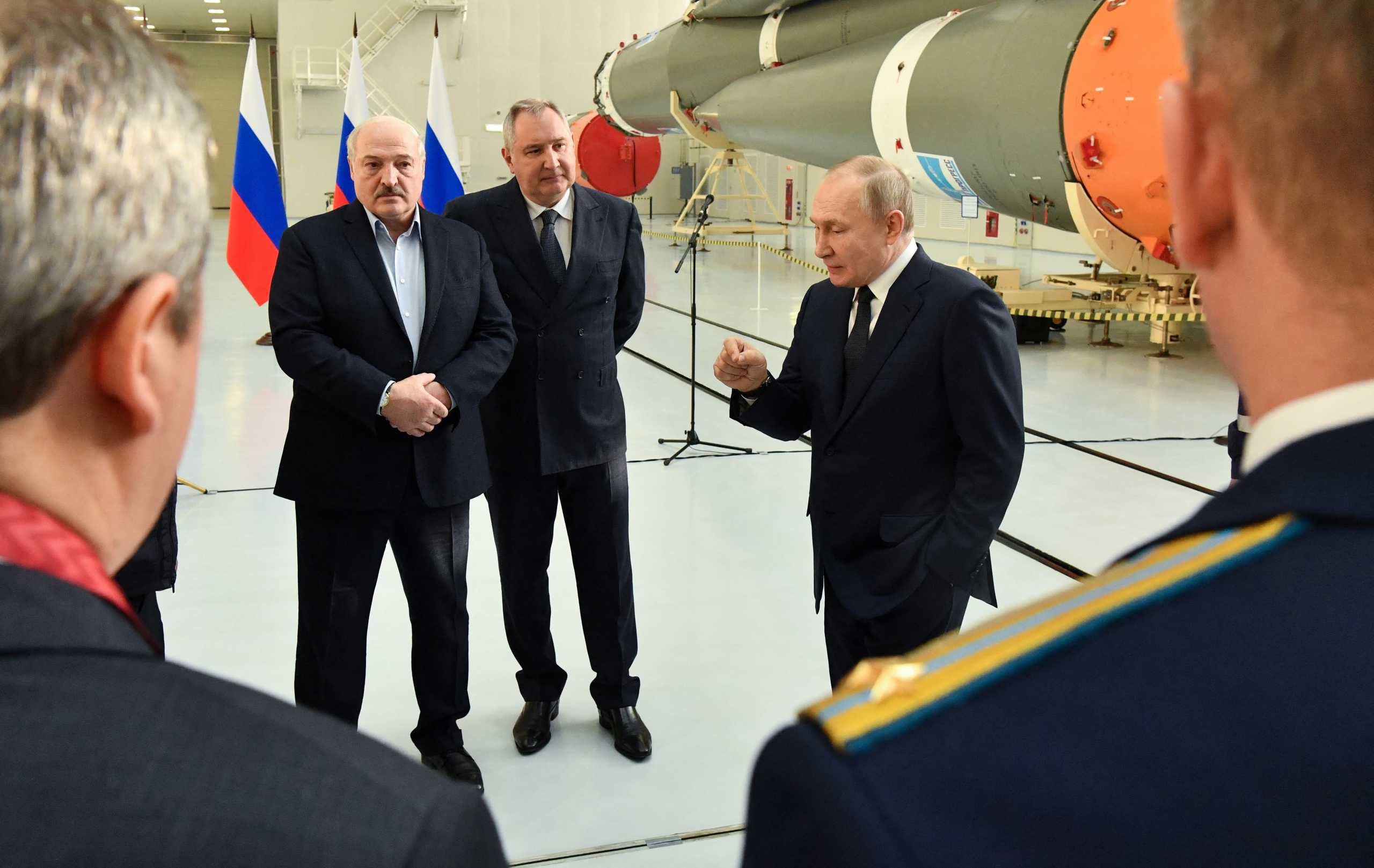 Russian President Vladimir Putin, Belarusian President Alexander Lukashenko and Director General of Roscosmos Dmitry Rogozin visit the assembly room for rockets at the Vostochny Cosmodrome in Amur Region, Russia April 12, 2022. Sputnik