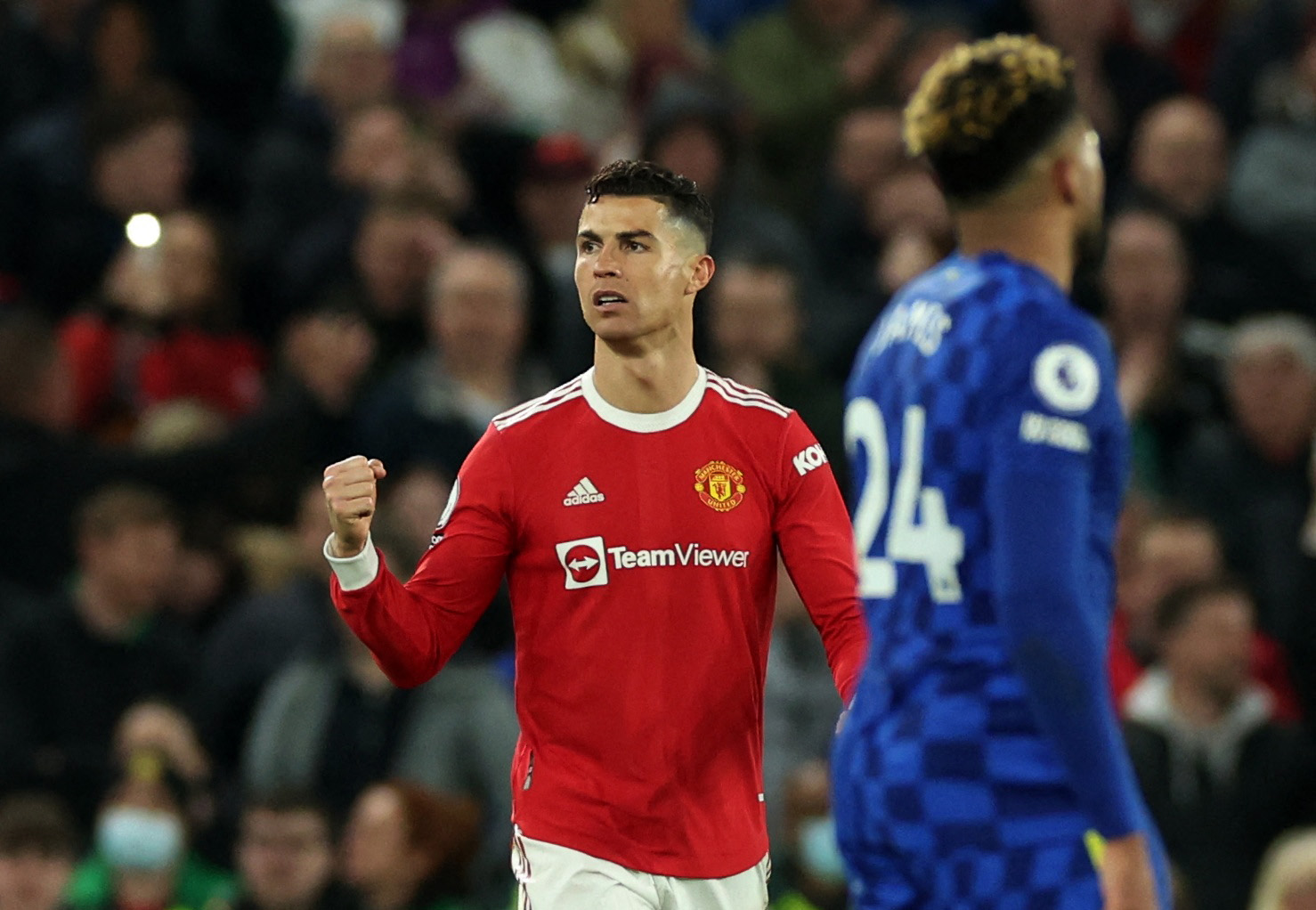 Soccer Football - Premier League - Manchester United v Chelsea - Old Trafford, Manchester, Britain - April 28, 2022 Manchester United's Cristiano Ronaldo celebrates scoring their first goal REUTERS
